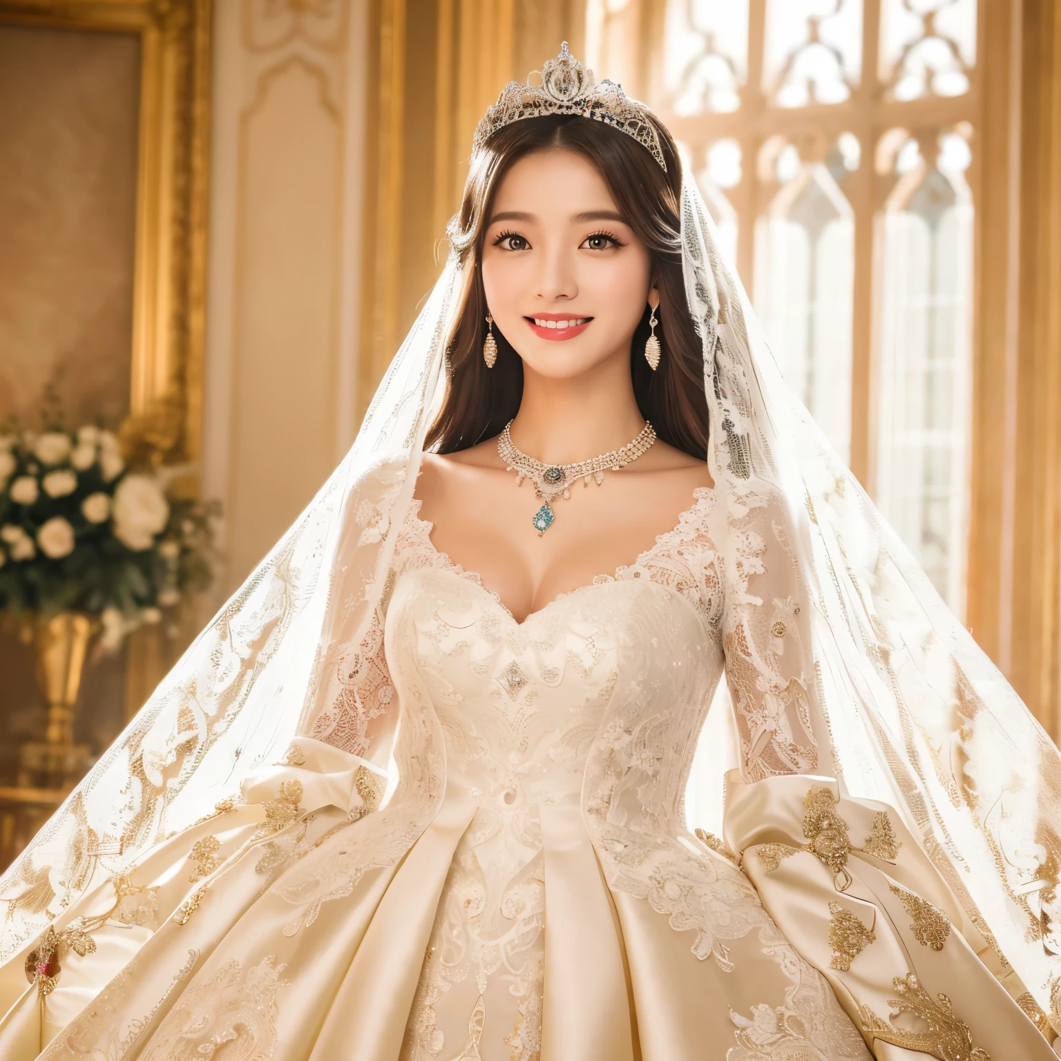 (highest quality、table top、8K、best image quality、Award-winning work)、(One beautiful bride:1.1)、(solo:1.2)、wedding style、(The most extravagant and finest huge wedding dresses:1.1)、(perfect wedding lace:1.2)、(The most extravagant and finest giant tiara:1.1)、(The most luxurious and finest giant necklace:1.1)、the best smile looking at me、Large quantity of finest jewelry ornaments、(full body photo:1.3)、(standing photo from head to knees:1.3)、perfect makeup、long eyelashes、Super high-definition sparkling eyes、ultra high definition hair、ultra high resolution glossy lips、Super high resolution perfect teeth、Beautiful face in super high resolution、(accurate anatomy:1.1)、(Beautiful skin that shines very brightly:1.2)、(very bright and vivid:1.2)