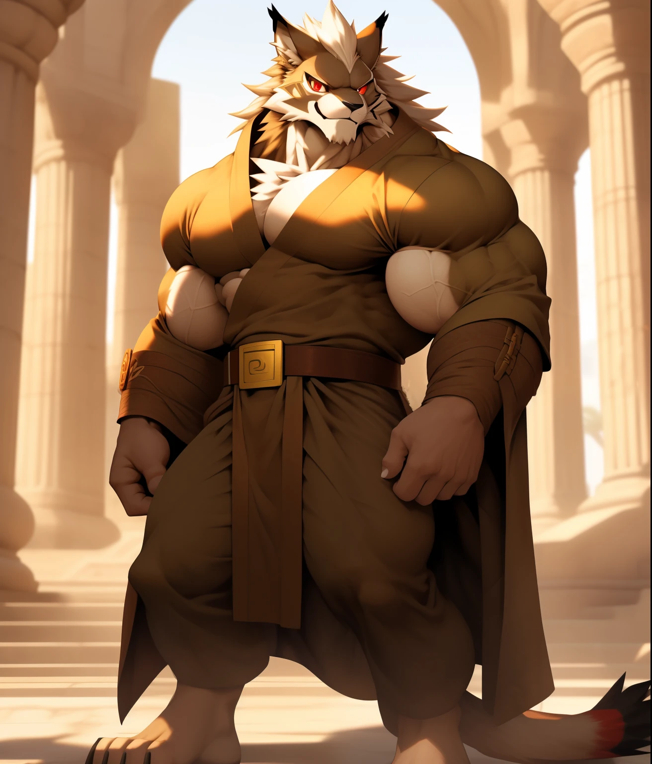 Competitive bodybuilder PRO, nj5furry, (Leomon,, Massive, huge, muscular, GigaChad), (((((TUNIC. ROBE.))))) Leomon, Young face, teenager, ((Extremely realistic shadows, Masterpiece, extremely detailed, photorealistic)), kemono, Looking at viewer, ((front)), murderous look, Leomon, ((Detailed face)) nose, red eyes, ((detailed eyes)), skin, fur, hair, mane, Height 3 meters tall, The optimal height, Tight clothing, 200 kg, Body full of huge muscleuscular and bulging pecs, huge pecassive pecs)) ((huge pecs)) Ripped ABS, Eight abs, V-shaped body, thick waist, long legs, Manly strong arms, handsome face, Attractive calm face type and fresh with a mischievous smile, Topless. Palace Ruins, day, sun, sun rays; crotch bulge, he wears a open robe that reveals huge, muscular thighs, (((He wears brown cloth pants, belt with brass buckle:1.2), (detailed eyes, red eyes:1.2) clothing, slightly open tunic. TUNIC. ROBE.))), bulging biceps. A muscular bodybuilder in the making. A potential PRO competitive bodybuilder and bulging neck, visible pectorals, visible abs, arms at the sides.
