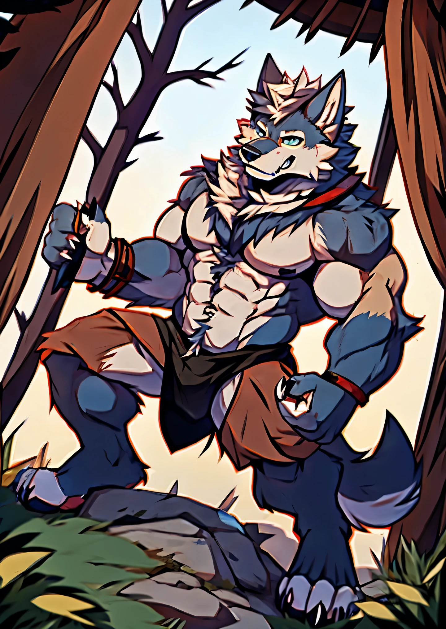 Human-wolf,musculous,Hairy all over,clawed paws,erect through