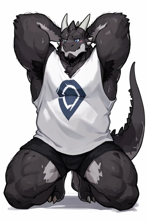 anthropology, dragon, hairy, black and white fur, A place where people congregate, hairy, Sweating, Sparkling blue eyes, Big pink‚ with big‚ abs‚ handsome, shy face, kneeling, fat, up view, look to side, hands behind head, shirt, high quality, super detail, 1080P, high quality, high quality, best quality, 8k, super detail, 16k