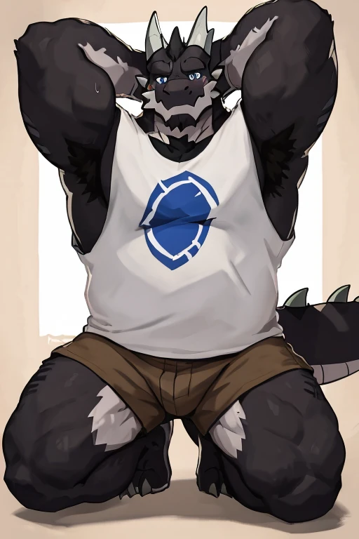 anthropology, dragon, hairy, black and white fur, A place where people congregate, hairy, Sweating, Sparkling blue eyes, Big pink‚ with big‚ abs‚ handsome, shy face, kneeling, fat, up view, look to side, hands behind head, shirt, high quality, super detail, 1080P, high quality, high quality, best quality, 8k, super detail, 16k