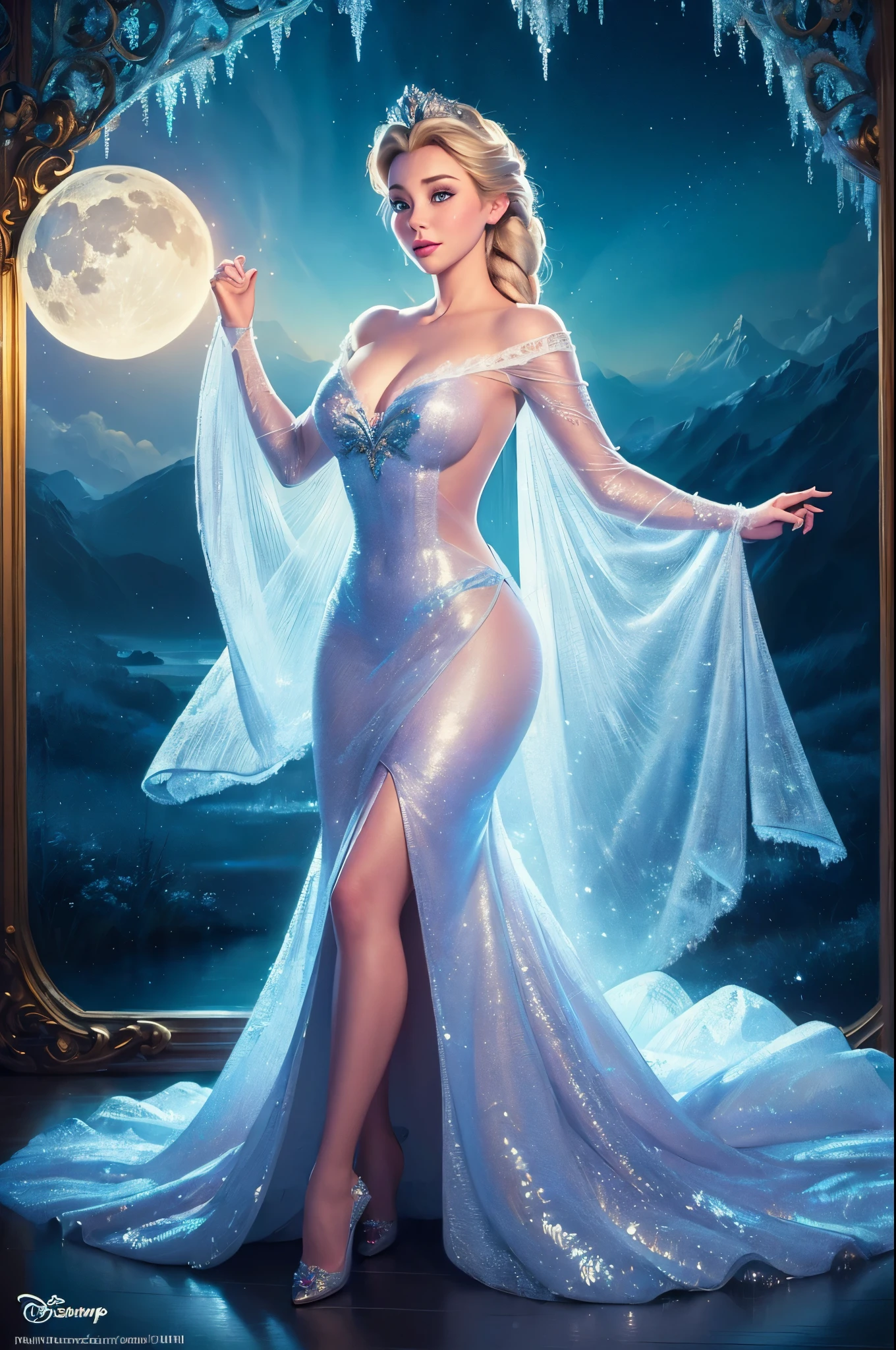 (masterpiece:1.4), (best quality:1.4), extremely detailed, intricate, hyper-detailed, illustration, soft lighting, Disney Princess Elsa(Frozen)  watching over her empire on a moonlit night ,Prinsess  totally naked,  masterpiece, art work. (perfect_face), dramatic lighting, 4k, detailed_background, caustics, full_body, digital_illustration