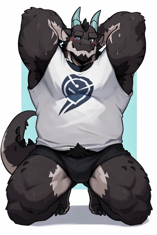anthropology, dragon, hairy, black and white fur, A place where people congregate, hairy, Sweating, Sparkling blue eyes, Big pink‚ with big‚ abs‚ handsome, shy face, kneeling, fat, up view, look to rightside, hands behind head, shirt, high quality, super detail, 1080P, high quality, high quality, best quality, 8k, super detail, 16k