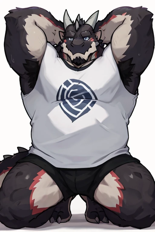 anthropology, dragon, hairy, black and white fur, A place where people congregate, hairy, Sweating, Sparkling blue eyes, Big pink‚ with big‚ abs‚ handsome, shy face, kneeling, fat, up view, look to rightside, hands behind head, shirt, high quality, super detail, 1080P, high quality, high quality, best quality, 8k, super detail, 16k
