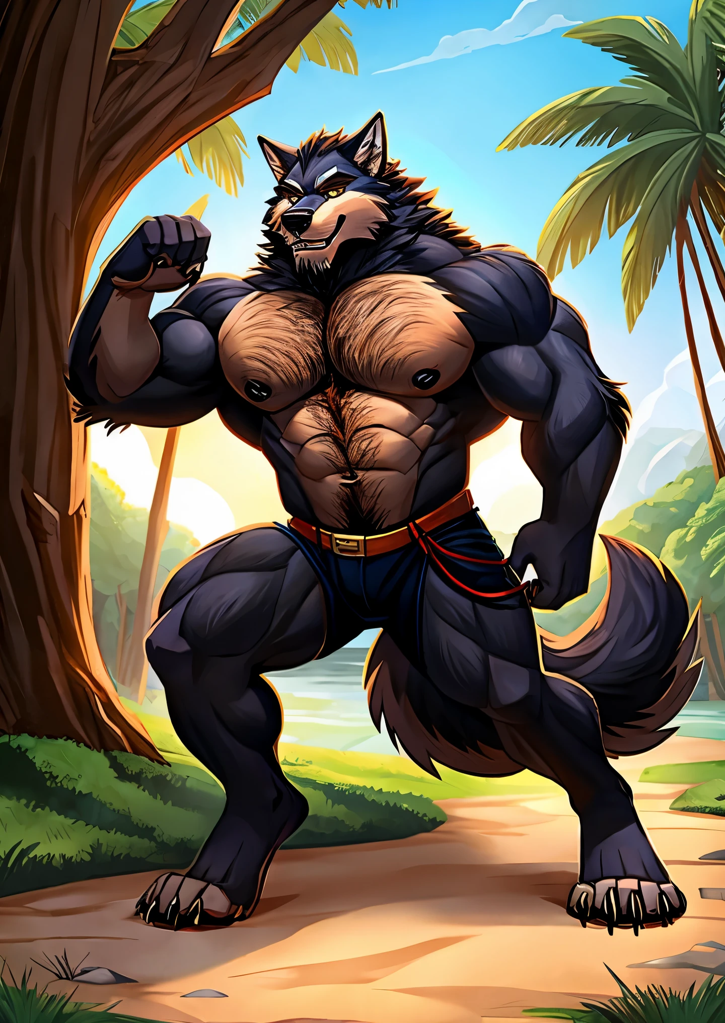 Human-wolf,musculous,Hairy all over,clawed paws,erect through