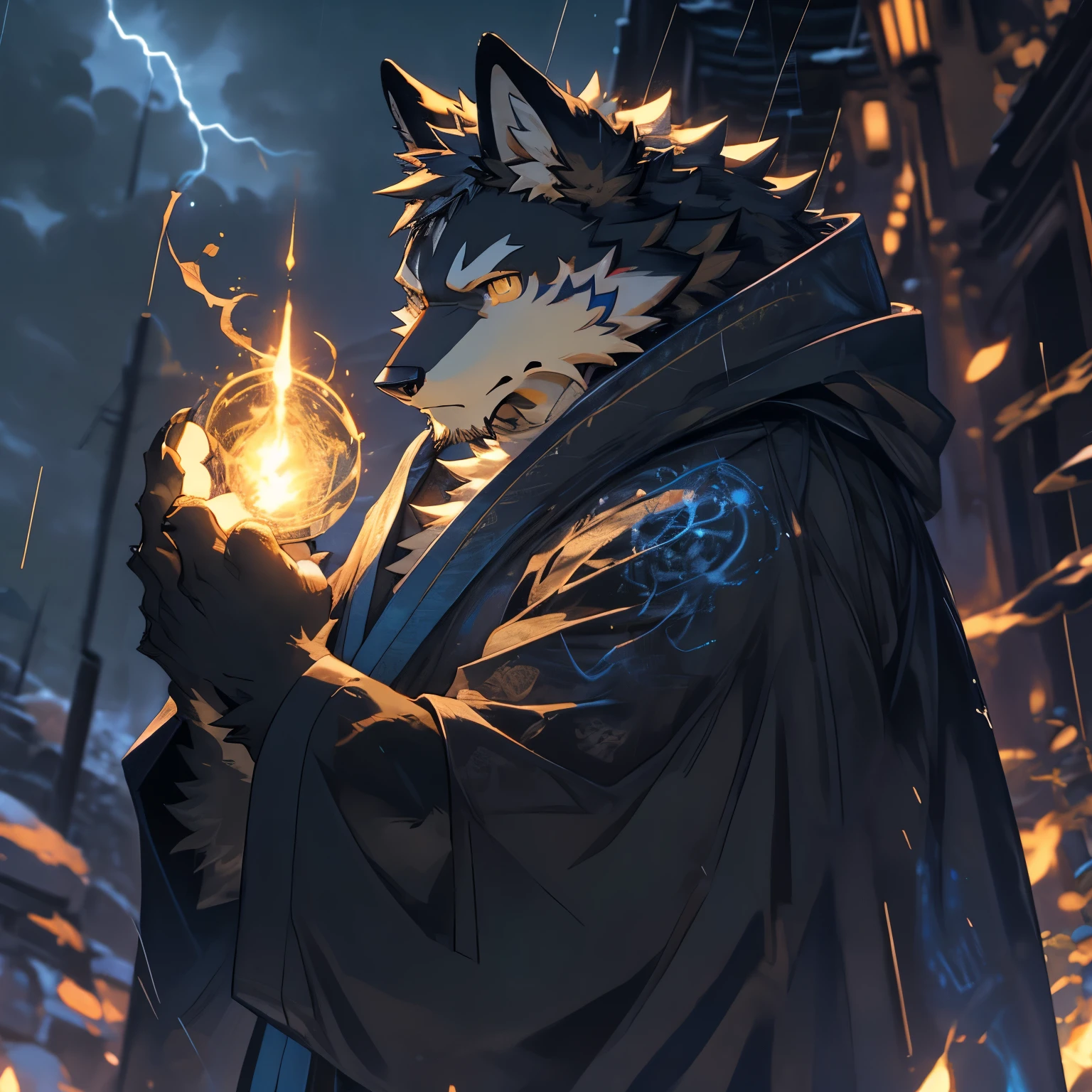 ((best quality)), ((masterpiece)), (detailed), perfect face,solo,kemono,night,fantasy,rainy,thunder,black fur,golden stripes,anthro black wolf.wore a robe that hugged his muscular frame, with a long blue cloak draped over his shoulders.golden eyes,magic,wizard