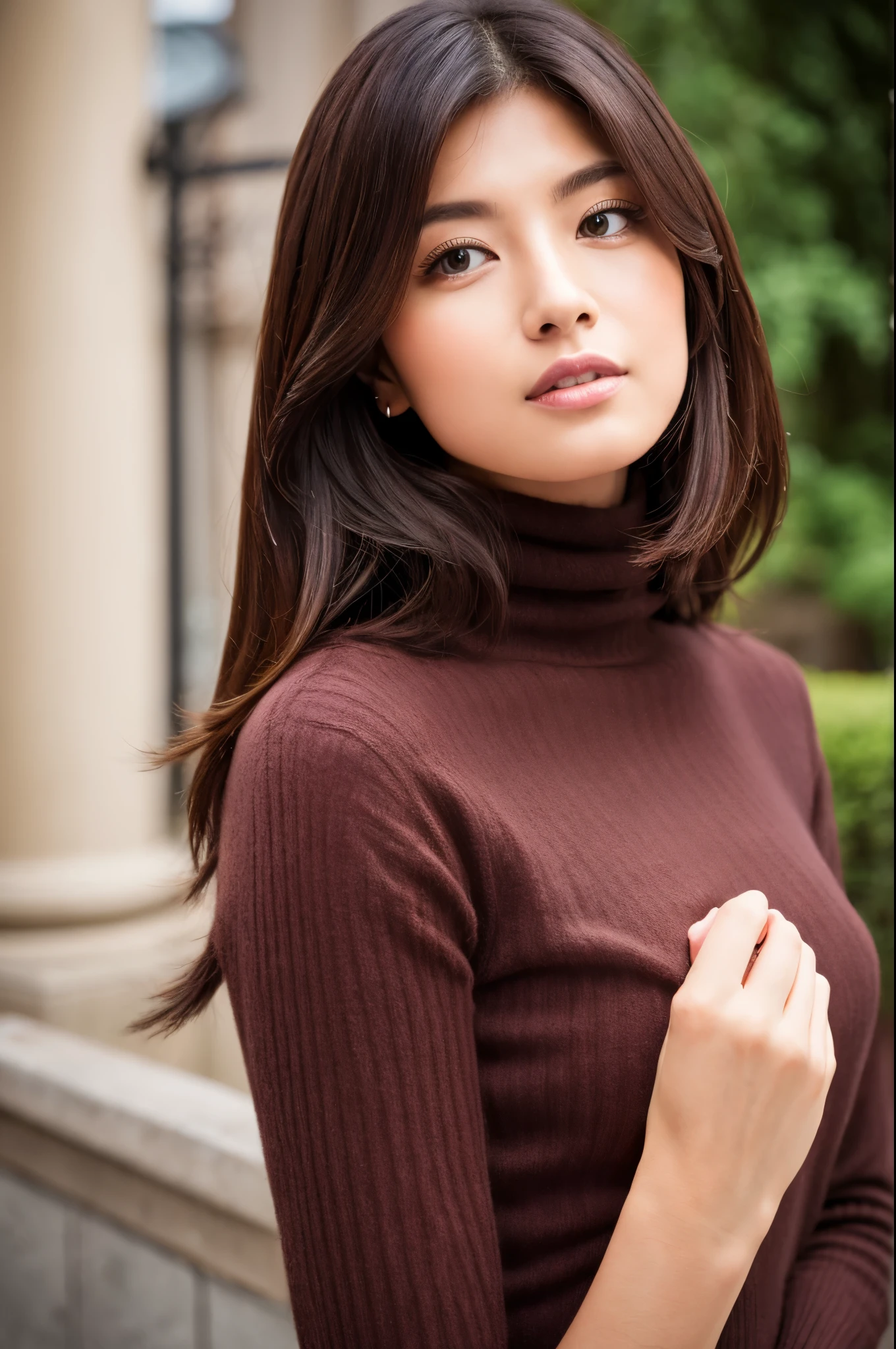 ((top-quality, in 8K, masterpiece:1.3)), Beautiful Japanese woman, perfect body:1.4, Slim abs:1.2, ((Medium Hair, straight haired:1.2)), (turtle neck:1.1), (a street:1.2), wetbody:1.5, Three-dimensional texture, A detailed eye, Brown hair, very thin waist, posterior view