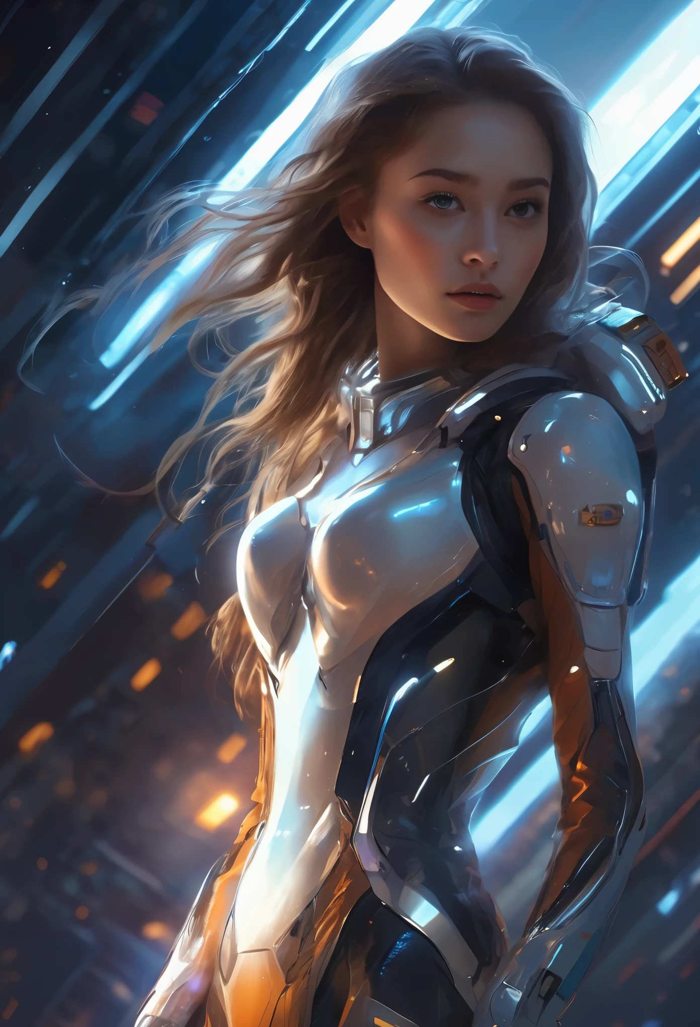 Female 25 years old beautiful astronaut 2500, detailed iridescent eyes, orange clotheetallic white details, cinematic, photo shoot, half Backlight, Backlight, dramatic lighting , incandescent lamp, soft lighting, extremely detailed and complicated, hyper maximalist, Non-style art by guweiz, elegant pose, dynamic, photo shoot, Volume measurement , super detailed, intricate details, Very detailed first piece by guweiz, futuristic environment, detailed skin