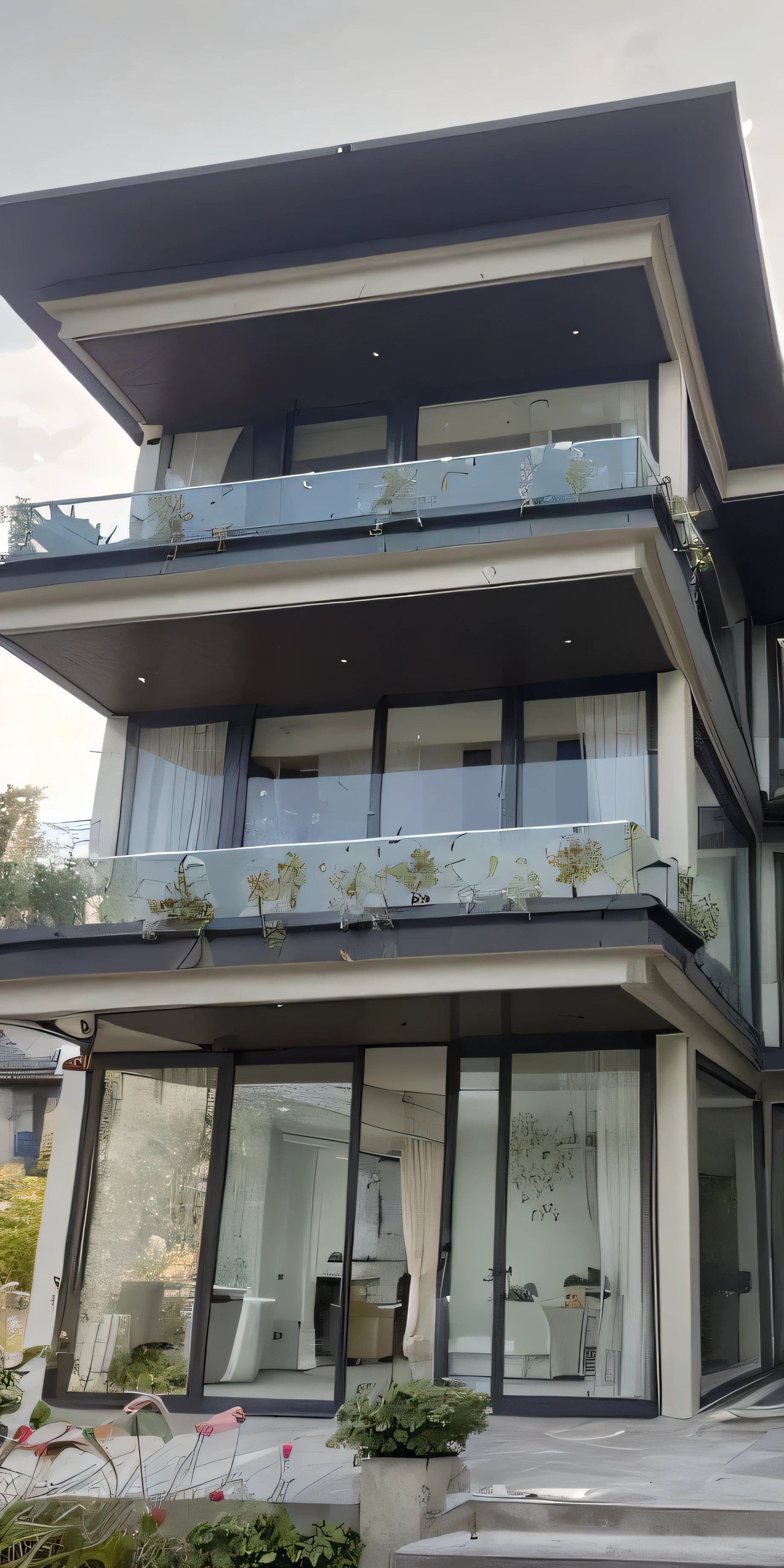 araffe view of a modern house with a large Balcon and a Balcon, plants on balcons, condo moderne et luxuriant comme vitrine, concrete Balcon, balcons, garde-corps en verre, Balcon, crenellated balcons, plein de façades en verre clair, beaucoup de grandes fenêtres, glass windows, large glass windows, beaucoup de détails en verre