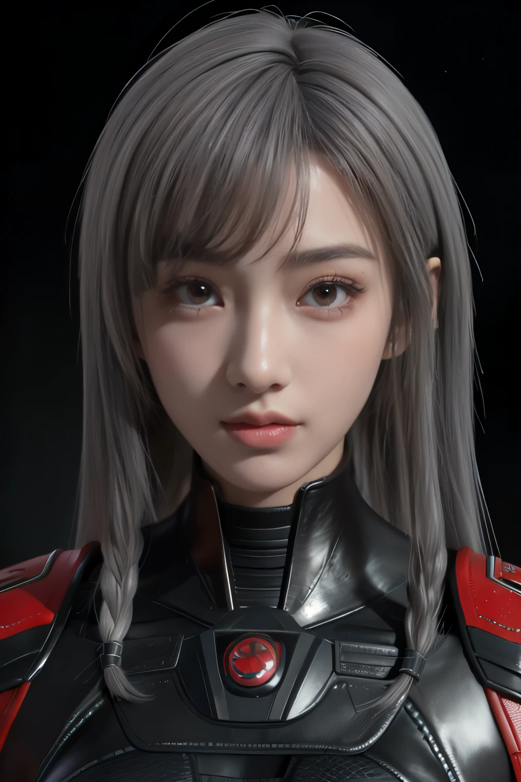 Masterpiece,Game art,The best picture quality,Highest resolution,8K,(Portrait),Unreal Engine 5 rendering works,(Digital Photography),((Portrait Feature:1.5)),
20 year old girl,Short hair details,With long bangs,(The red eye makeup is very meticulous),(With long gray hair:1.4),(Large, full breasts),Elegant and noble,Brave and charming,
(Future armor combined with the characteristics of ancient Chinese armor,Hollow design,Power Armor,The mysterious Eastern runes,A delicate dress pattern,A flash of magic),Warrior of the future,Cyberpunk figures,Background of war,
Movie lights，Ray tracing，Game CG，((3D Unreal Engine))，OC rendering reflection pattern