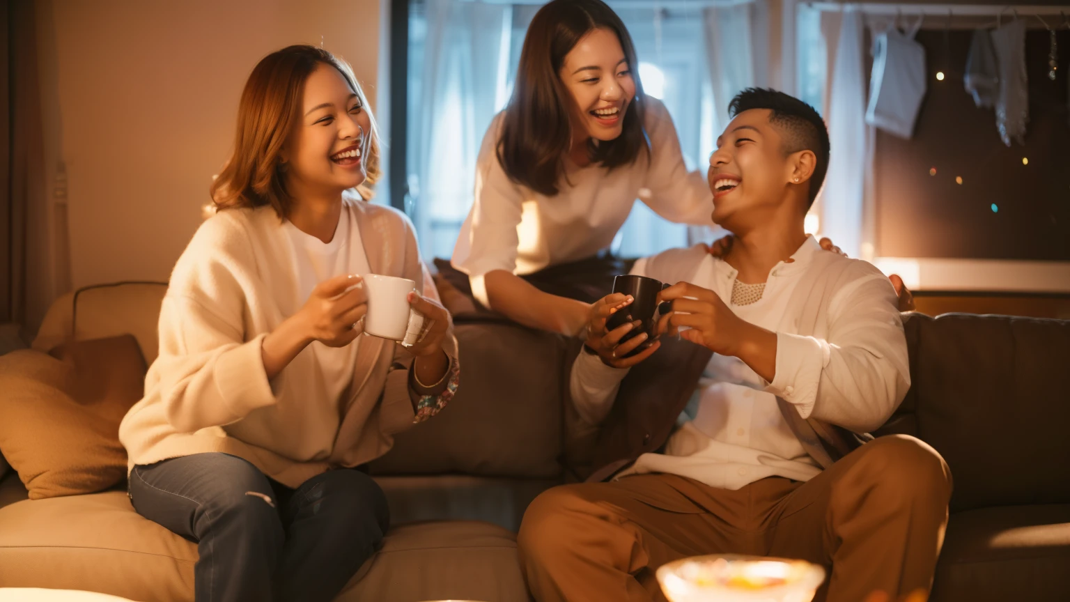 they are sitting on a couch and laughing while holding cups, joyful people in the house, husband wife and son, mixed art, cheerful atmosphere, giggling, families playing, happy family, warm and joyful atmosphere, shot with canon eoa 6 d mark ii, laughing and joking, photo taken with nikon d750, photo taken with nikon d 7 5 0