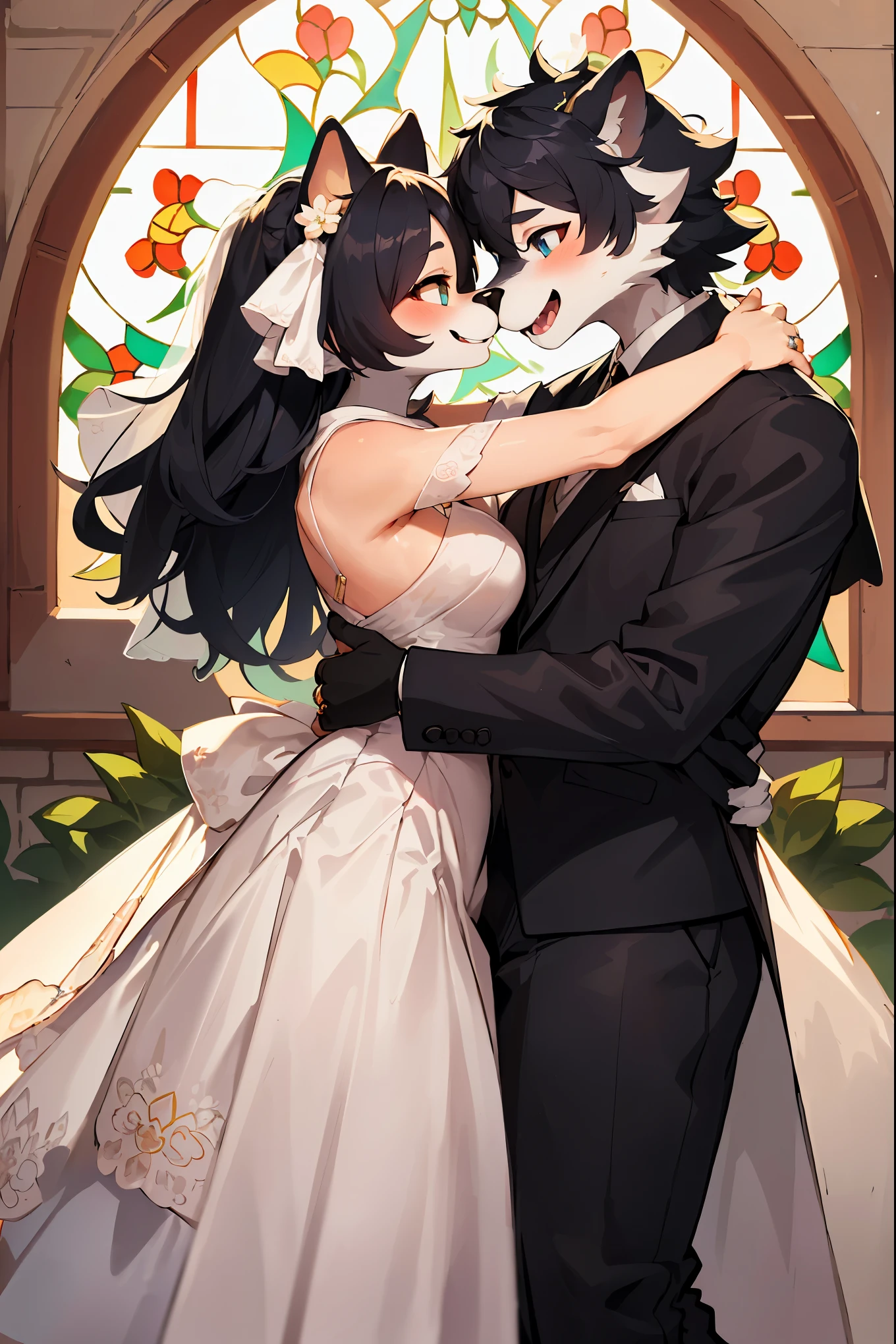 Top quality, ultra-fine illustrations(associations, colorful stained glass with shimmering light, kaleidoscope, wedding aisles lined with jewel-like lamps)(very detailed and beautiful faces, very detailed and beautiful eyes, eyes with lively brilliance)absurdres, perfect anatomy(angelic cute 1girl, kemono, angelic handsome 1boy, couple)(happy wedding, husband in tuxedo, beastman wife in wedding dress, husband hugging wife's shoulders, Two people staring at each other and smiling, wedding photo, bouquet of beautiful flowers, shining wedding ring on ring finger)(furry anthro:1.7)(furry body, animal face features, animal body features)(very detailed fur)full body, smile, kiss (dynamic pose),