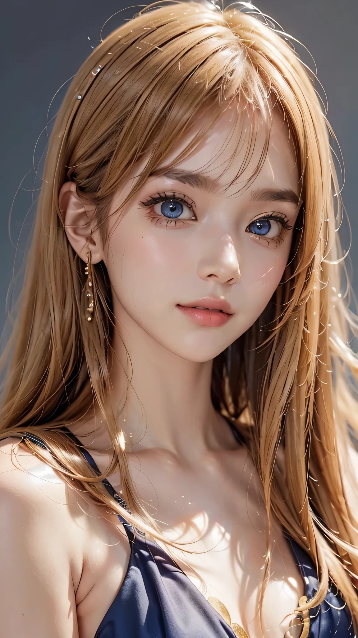Beautiful white and shining skin、Blonde hair color that changes color depending on the light、long bangs between the eyes that obstruct vision、Highlights on the cheeks、Sexy and very beautiful lovely gorgeous face、the most beautiful face in the world、Super long gorgeous spare blonde hair、smooth straight hair、medium breasts、big and bright eyes、beautiful bangs、beautiful and cute girl、small face beauty、cheek gloss highlight