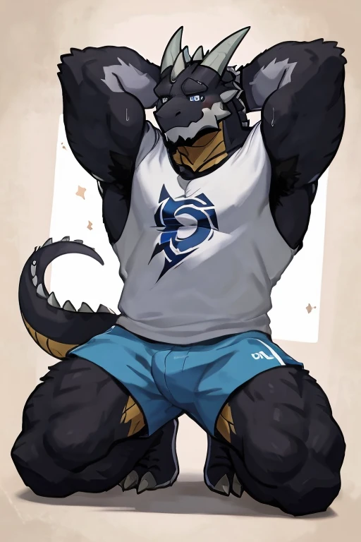 anthropology, dragon, hairy, black and white fur, A place where people congregate, hairy, Sweating, Sparkling blue eyes, Big pink‚ with big‚ abs‚ handsome, shy face, kneeling, up view, look to  rightside, hands behind head, shirt, high quality, super detail, 1080P, high quality, high quality, best quality, 8k, super detail, 16k