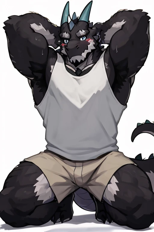 anthropology, dragon, hairy, black and white fur, A place where people congregate, hairy, Sweating, Sparkling blue eyes, Big pink‚ with big‚ abs‚ handsome, shy face, kneeling, up view, look to  rightside, hands behind head, shirt, high quality, super detail, 1080P, high quality, high quality, best quality, 8k, super detail, 16k