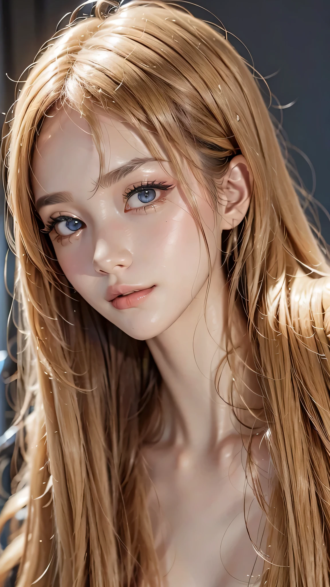 Beautiful white and shining skin、Blonde hair color that changes color depending on the light、long bangs between the eyes that obstruct vision、Highlights on the cheeks、Sexy and very beautiful lovely gorgeous face、the most beautiful face in the world、Super long gorgeous spare blonde hair、smooth straight hair、medium breasts、big and bright eyes、beautiful bangs、beautiful and cute girl、small face beauty、cheek gloss highlight