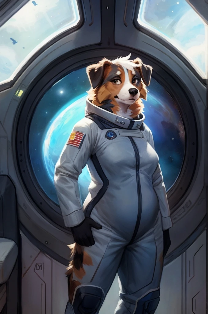 By bebebebebe, by lostgoose, by goonie-san, solo, female, canine, australian shepherd, fluffy, slightly chubby, standing, standing, hair, grey spacesuit, spaceship, window, space