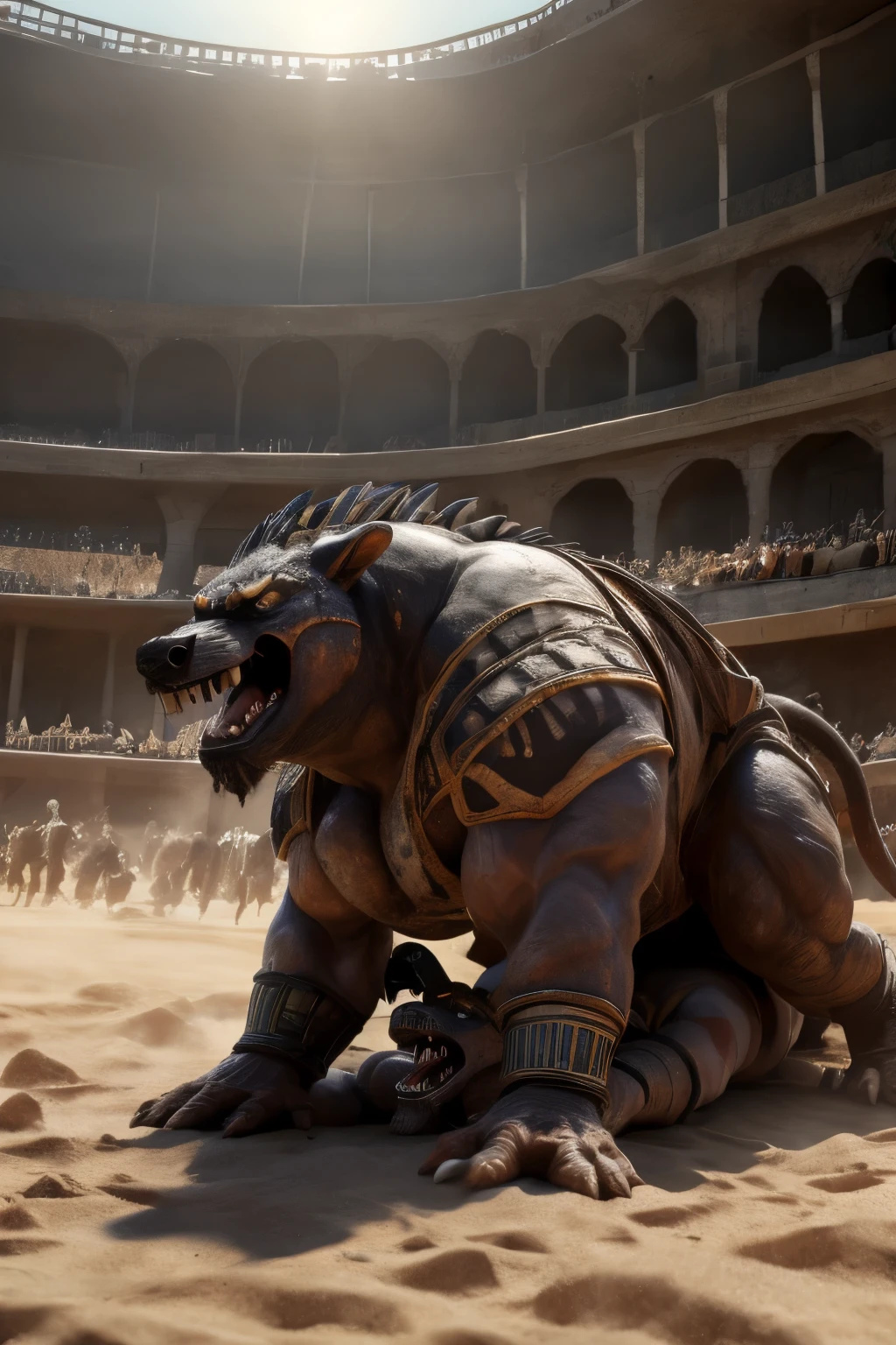 Transport yourself to the dusty arenas of Ancient Egypt, where the air is thick with the smell of sweat and sand. Slaves and criminals, their muscles taut with fear and determination, face off against fearsome beasts in a struggle for life. The line between prey and predator blurs as the spectacle unfolds under the scorching sun.

In this vivid and realistic scene, captured in high definition and 8k resolution, every detail is rendered with lifelike accuracy, thanks to the movie empire style and meticulous attention to detail. The arenas are filled with the cacophony of screaming crowds and roaring beasts, the dust swirling in the air as the combatants