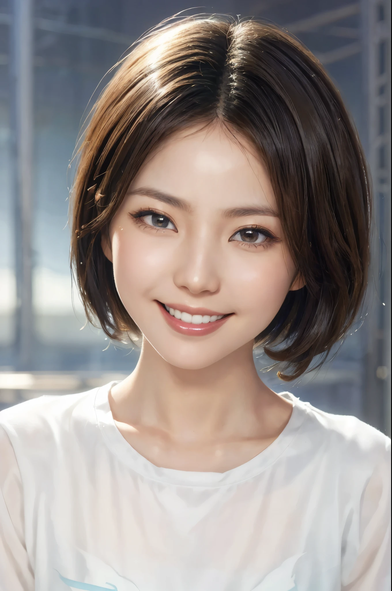 (highest quality、table top、8k、best image quality、Award-winning work)、One cute girl、(Strongly blurred school background:1.1)、(perfect polyester shirt:1.1)、glossy lips、illuminate the face、(Very short hair that covers the face:1.2)、(((upper body:1.5)))、look at me and smile、classy and perfect makeup、Ultra high definition beauty face、ultra high definition hair、Super high-definition sparkling eyes、(Shining ultra-high definition beautiful skin:1.1)、Super high resolution glossy lips、(accurate anatomy:1.1)、ultra high definition hair、Super high resolution perfect beautiful teeth,