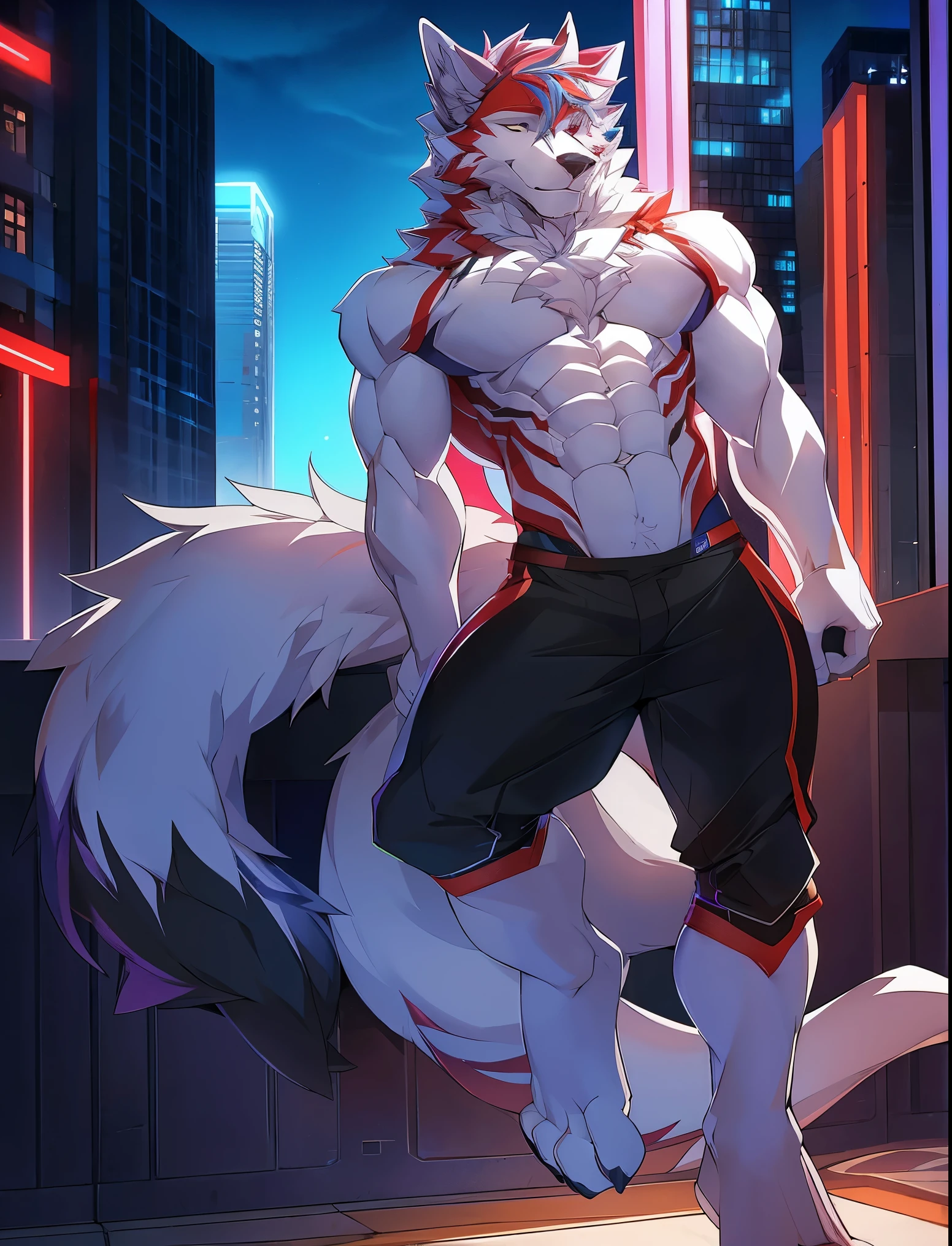 ((Solo)), male people, anthro wolf, (Multi-colored fur, White tail pointed), (Height 3meters,Tail length 2meters), Abs, pinginuscular, A long big tail, by patto, modern city