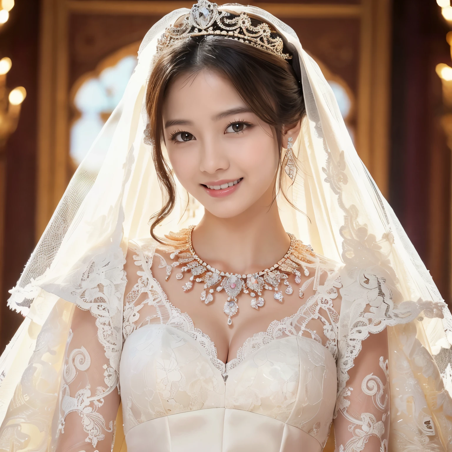 (highest quality、table top、8K、best image quality、Award-winning work)、(One beautiful bride:1.1)、(solo:1.2)、wedding style、(The most extravagant and finest huge wedding dresses:1.1)、(perfect wedding lace:1.2)、(The most extravagant and finest giant tiara:1.1)、(The most luxurious and finest giant necklace:1.1)、the best smile looking at me、Large quantity of finest jewelry ornaments、(full body photo:1.5)、perfect makeup、long eyelashes、Super high-definition sparkling eyes、ultra high definition hair、ultra high resolution glossy lips、Super high resolution perfect teeth、Beautiful face in super high resolution、(accurate anatomy:1.1)、(Beautiful skin that shines very brightly:1.2)、(very bright and vivid:1.2)、(body facing straight ahead:1.2)、(standing elegantly:1.1)