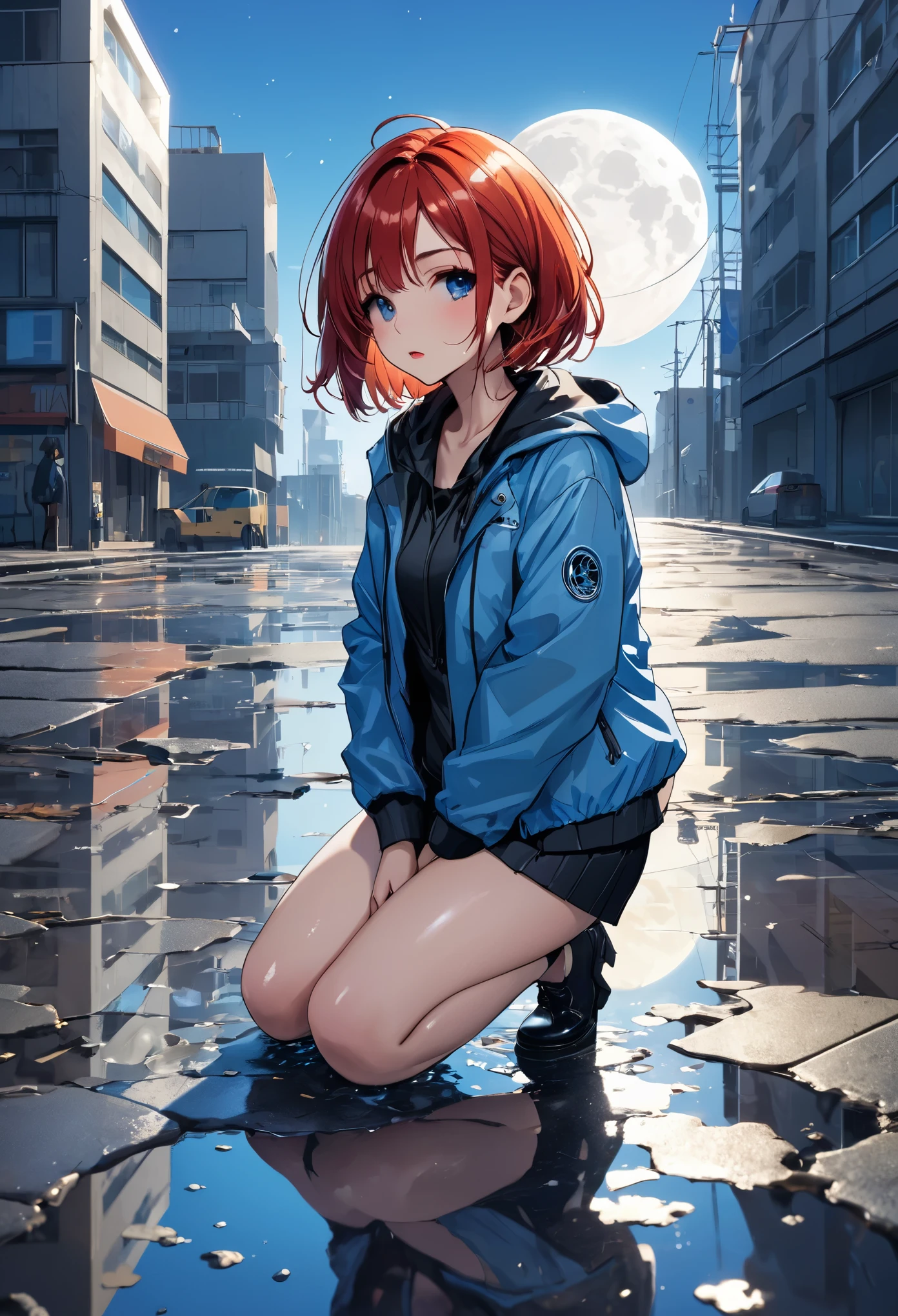 Highest image quality　camera　modern city　broken building　Tight outerwear　thighs　1 girl　Kneeling in a puddle　open legs　redhead　bob short　moon　Blue sky　sony