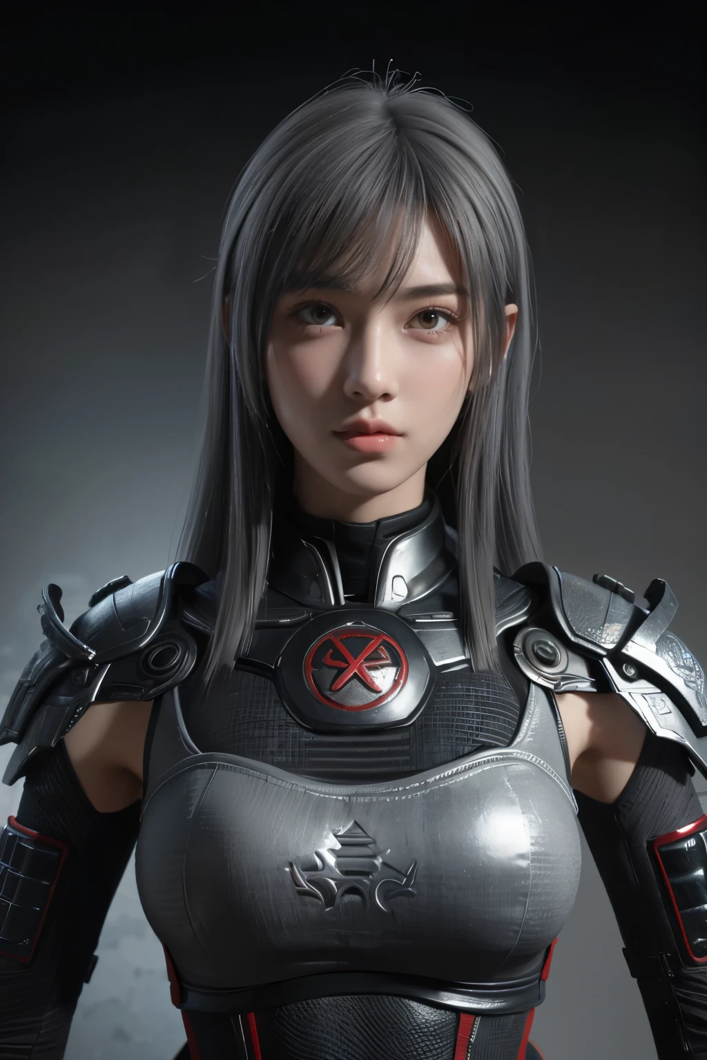 Masterpiece,Game art,The best picture quality,Highest resolution,8K,(Portrait),Unreal Engine 5 rendering works,(Digital Photography),((Portrait Feature:1.5)),
20 year old girl,Short hair details,With long bangs,(The red eye makeup is very meticulous),(With long gray hair:1.4),(Large, full breasts),Elegant and noble,Brave and charming,
(Future armor combined with the characteristics of ancient Chinese armor,Hollow design,Power Armor,The mysterious Eastern runes,A delicate dress pattern,A flash of magic),Warrior of the future,Cyberpunk figures,Background of war,
Movie lights，Ray tracing，Game CG，((3D Unreal Engine))，OC rendering reflection pattern