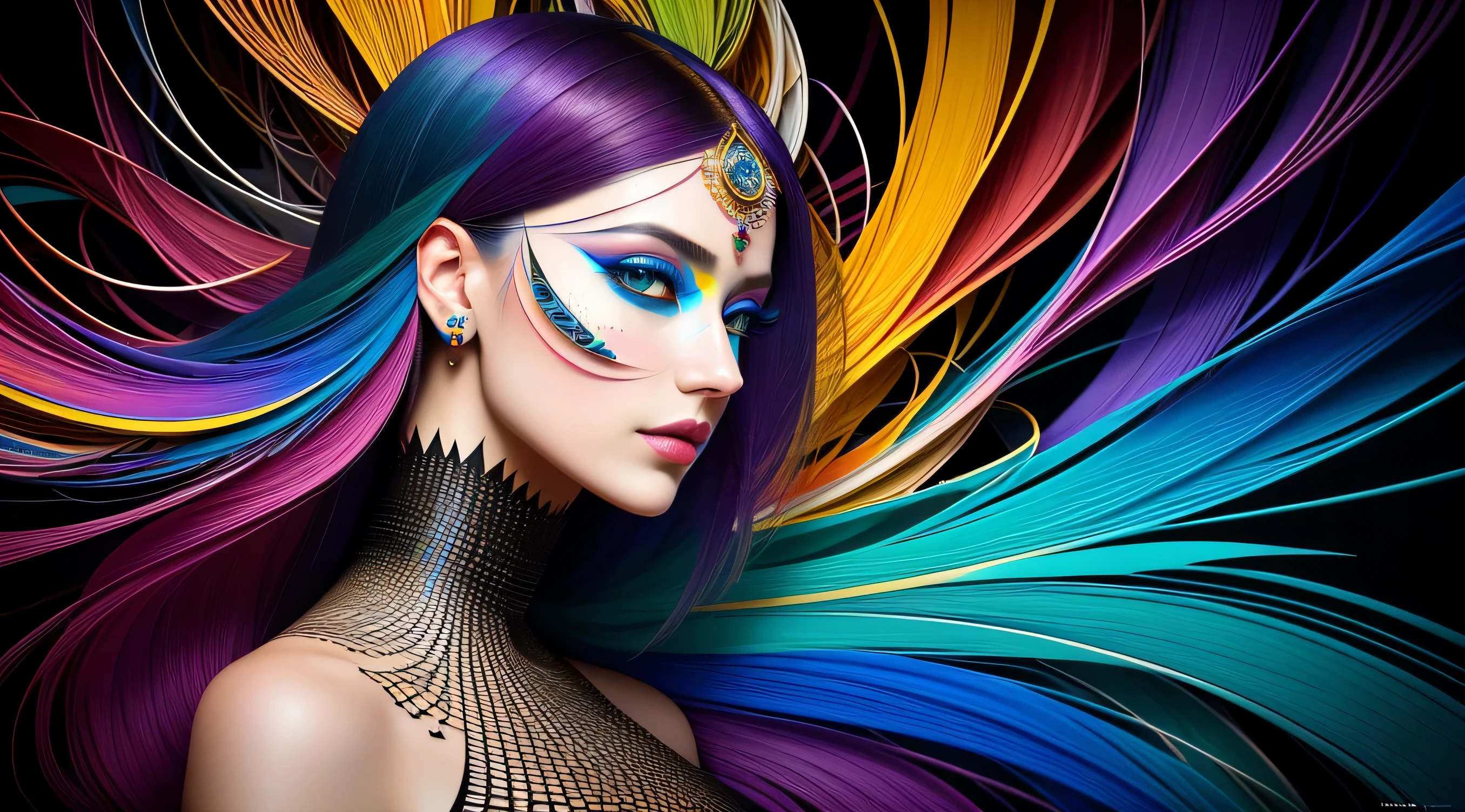 ultra detailed artistic abstract photography of Geometrical Woman, 32k trendy abstract poster of a beautiful woman, hair made of 3D paper quilling design, abstract paper quilling, detailed symmetric hazel eyes with circular iris, shattered paper fragments, natural body posture,  by artist russ mills, art by alberto seveso, by Carne Griffiths, by Wadim Kashin, symmetrical, abstract artstyle, intricate complex watercolor painting, sharp eyes, digital painting, color explosion, concept art, voluminetric lighting, TanvirTamim, 3D octane render, 8k. by artgerm, trending on artstation, cinematic 4d, Epic cinematic brilliant stunning intricate meticulously detailed dramatic atmospheric maximalist digital matte painting, realistic, complementary colors