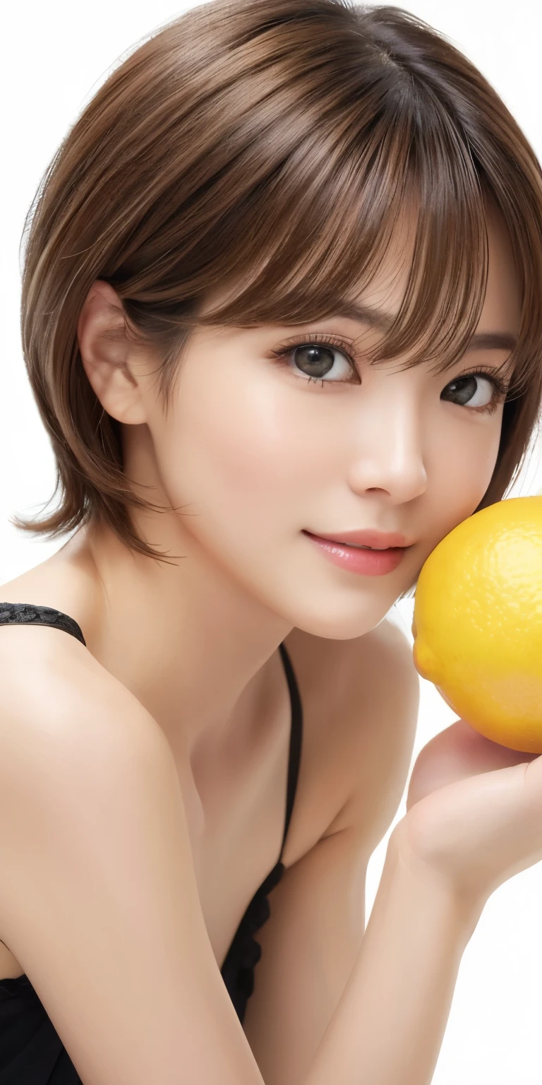 masterpiece、highest quality、High resolution、table top、wallpaper、realistic、bright lighting、professional lighting、face light、smooth lighting、japanese woman、adult、Beautiful woman、action、gravure、sexy、poor、super beautiful、beautiful skin、beautiful and detailed eyes、detailed face、slim、moderately、short hair、brunette colored hair、brown eyes、look at the camera、i have lemon