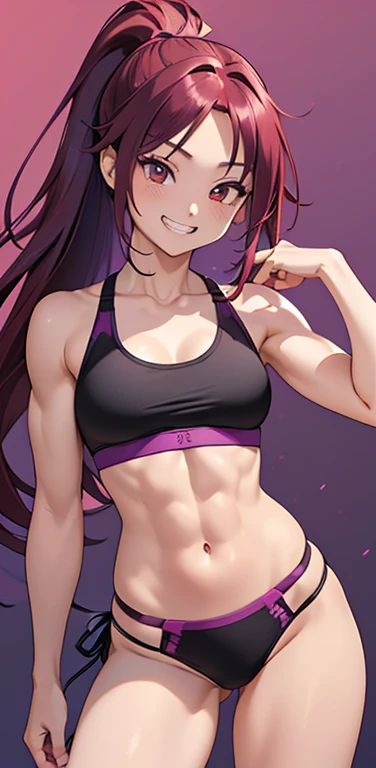 (8K、highest quality、masterpiece:1.2)、anime coloring、super resolution、Realistic、(1girl)  、(purple, red gradient hair,ponytail)、(contrapposto),long straight hair,(red eye),(forehead:1.2),(face focus,cowboy shot),(black sports bra,string panties :1.3)、(grin:1.3),(cute face)、,(small breasts),gradient background、(muscular:1.3)、