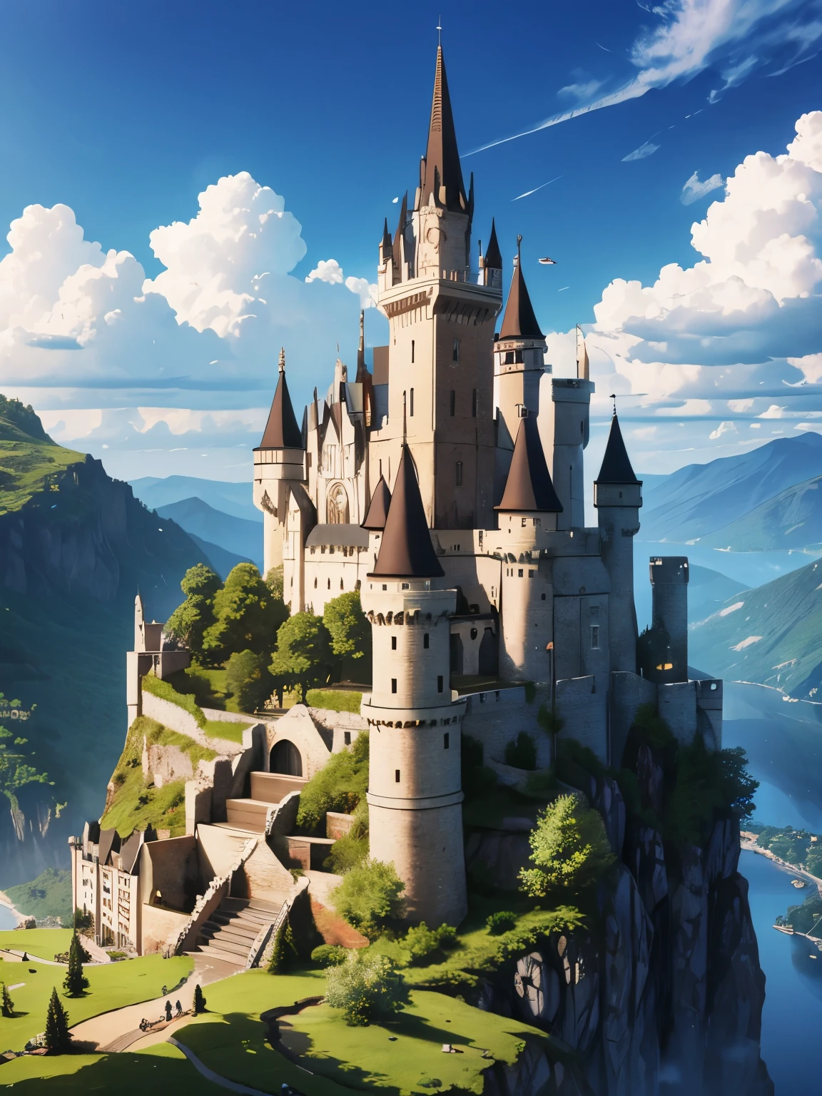 Small castle in the background slightly covered with clouds, mountains, village in the lower part and mountain grass in the front or fore layer for a novel cover