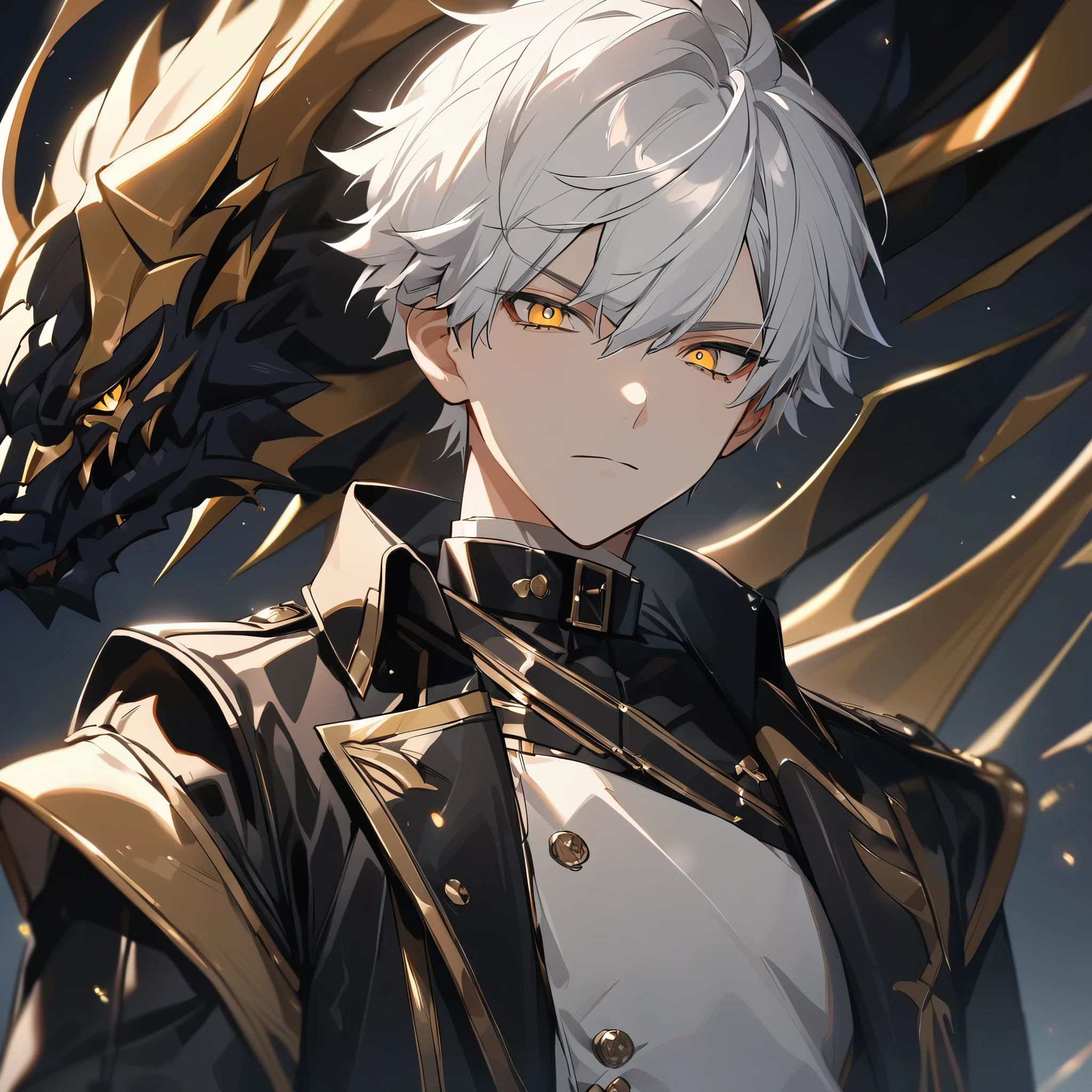 High quality, handsome male, 1male, 17 years old, teenager, golden lining, short white hair, flat cut hair, sharp eyes, gold eyes, devil may cry, close up, calm expression, stoic, black leather clothes, black jacket, upper body, looking at viewer, cowboy shot, black dragon background