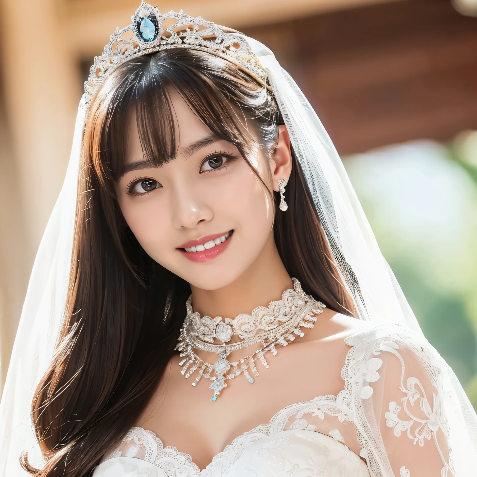 (highest quality、table top、8K、best image quality、Award-winning work)、(One beautiful bride:1.1)、(solo:1.2)、wedding style、(The most extravagant and finest huge wedding dresses:1.1)、(perfect wedding lace:1.2)、(The most extravagant and finest giant tiara:1.1)、(The most luxurious and finest giant necklace:1.1)、the best smile looking at me、Large quantity of finest jewelry ornaments、(full body photo:1.5)、perfect makeup、long eyelashes、Super high-definition sparkling eyes、ultra high definition hair、ultra high resolution glossy lips、Super high resolution perfect teeth、Beautiful face in super high resolution、(accurate anatomy:1.1)、(Beautiful skin that shines very brightly:1.2)、(very bright and vivid:1.2)、(body facing straight ahead:1.2)、(standing elegantly:1.1)