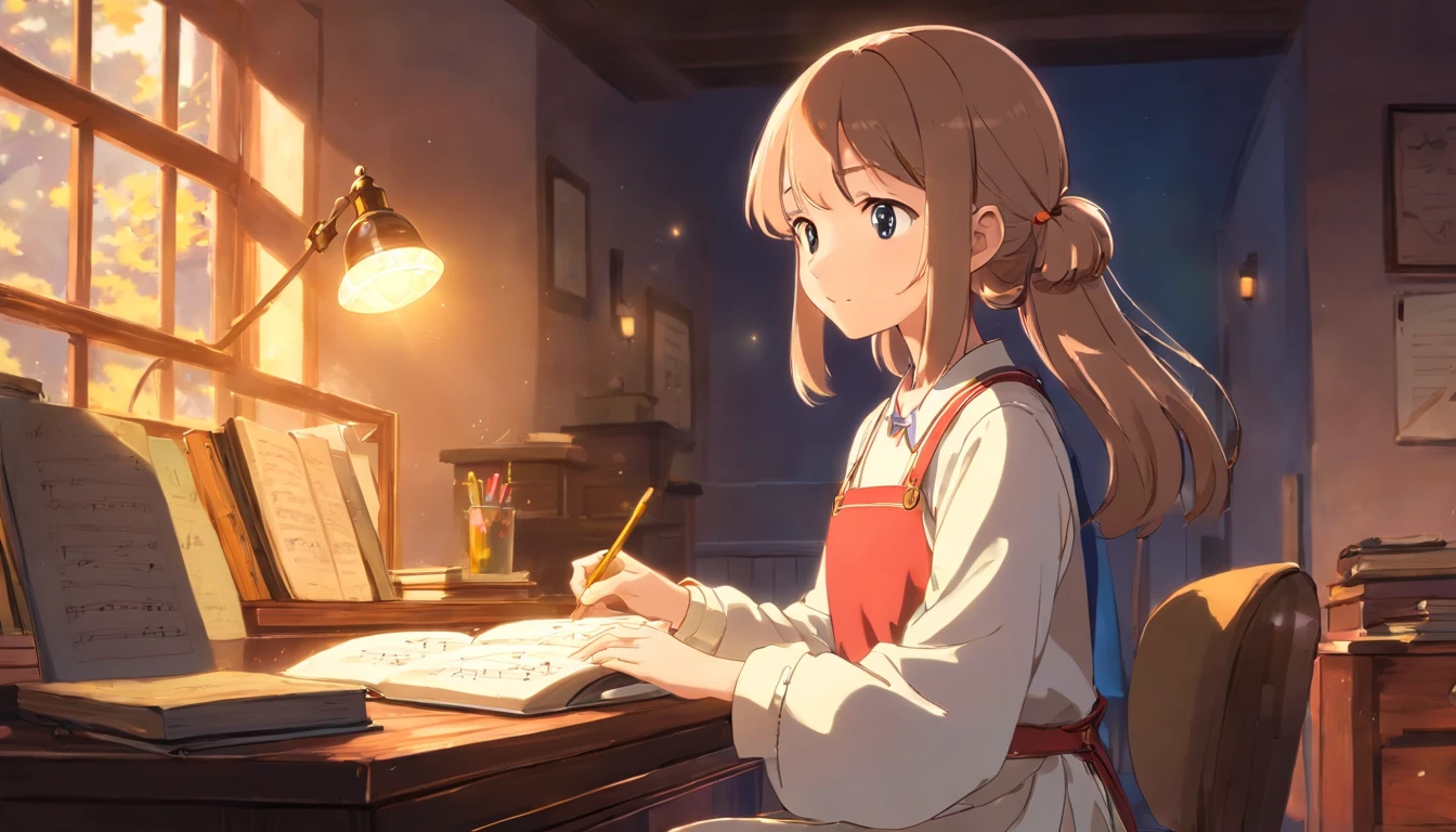 Inside a cozy room, immersed in studying, curtains are partially closed, Soft moonlight creates dancing shadows on the wall. A desk lamp casts a warm light on a desk piled with books., notebook and laptop. the person is sitting comfortably in a chair, Headphones that fit comfortably on your ears, connect her to the sonic world of her chosen music. while she was immersed in her studies、There is a faint smile on the lips, Get inspired by the notes that fill the air. fingers move in a coordinated manner, Laptop keyboard and note page switching, keep up with the rhythm of the music. The sound of music flows in smooth harmony., Create an immersive atmosphere. Each note seems to lift people&#39;s hearts., increase energy and concentration. She gently shook her head to the beat of the music., It&#39;s like being in your own world, I don&#39;t notice external worries. Music acts as a motivating force, Make study time more fun、make it exciting. The chords and lyrics blend into the calm atmosphere of the room.。, people absorb knowledge、Encouraging you to fall in love with the mystery of learning、creating a personal symphony. A scene depicting the unique fusion of solitary study and music, Transform the intimate environment of your bedroom into a learning space, and the music、Fuel your mind and spirit to achieve your academic goals。. HDR,8K,surreal,Beautiful soft light studio,vivid details,anatomical,elegant,sharp focus,studio photography,art station trends,very detailed,polarizing filter 