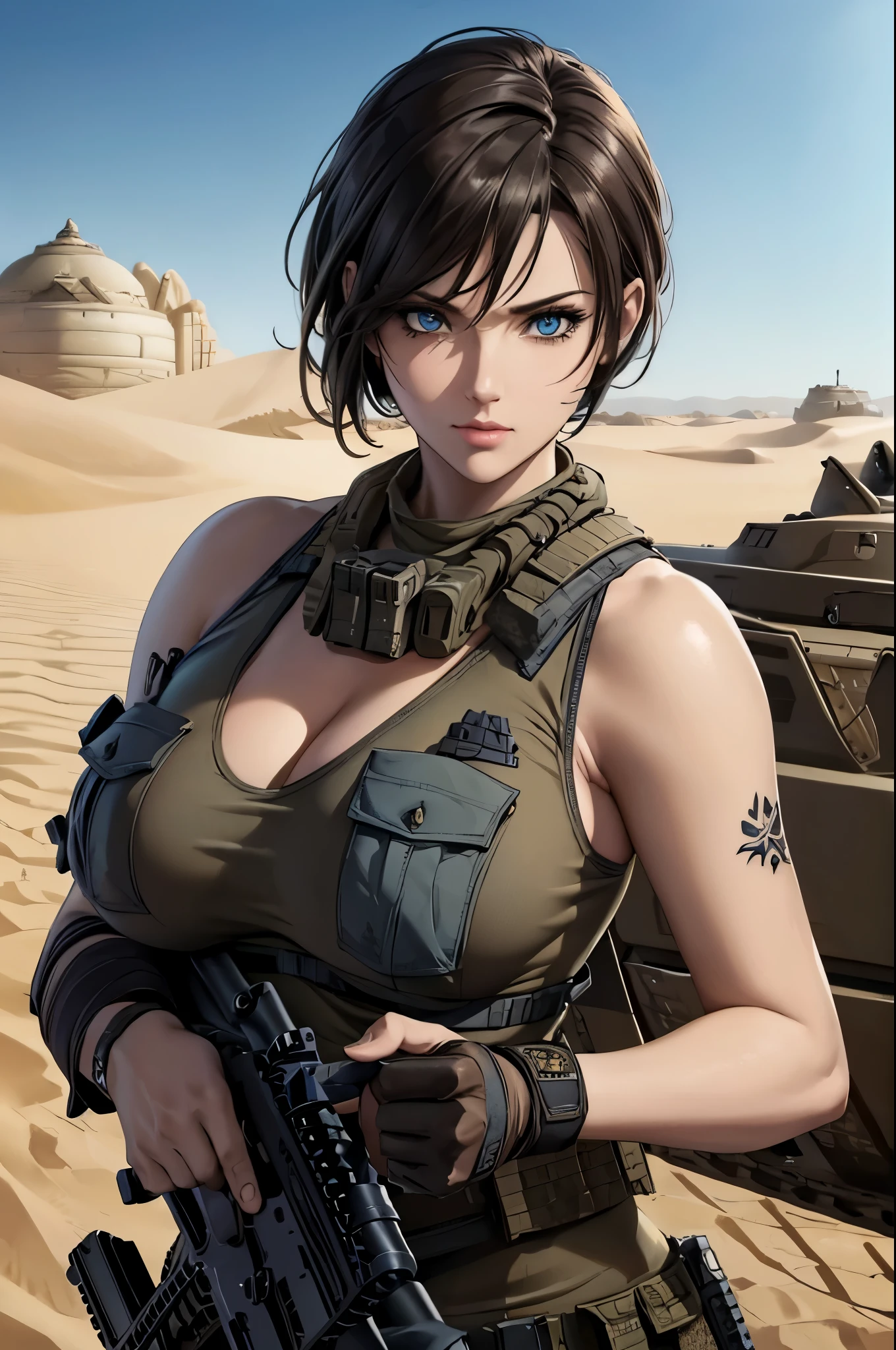 super fine illustration, ultra high resolution, masterpiece, highest quality, perfect shiny shinny skin, perfect lighting, detailed lighting, dramatic shadow, ray tracing, 1 beautiful milf, looking at the viewer, big breasts, exposed cleavage, beautiful detailed blue eyes, sharp face, clear eyes, long bangs, short cut hair, ((desert:1.2)), ((battle of desert:1.35)), ((tanks:1.6)), upper body, battle suit, military harness, ammunition belt, necklace, Jill Valentine - Resident Evil Series, ((tattoo)), ((holding Assault Rifle:1.5)),