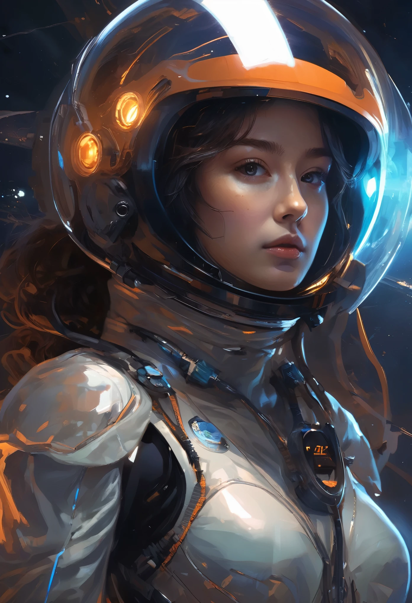 Female 25 years old beautiful astronaut 2500, detailed iridescent eyes, orange clotheetallic white details, cinematic, photo shoot, half Backlight, Backlight, dramatic lighting , incandescent lamp, soft lighting, extremely detailed and complicated, hyper maximalist, Non-style art by guweiz, elegant pose, dynamic, photo shoot, Volume measurement , super detailed, intricate details, Very detailed first piece by guweiz, futuristic environment, detailed skin