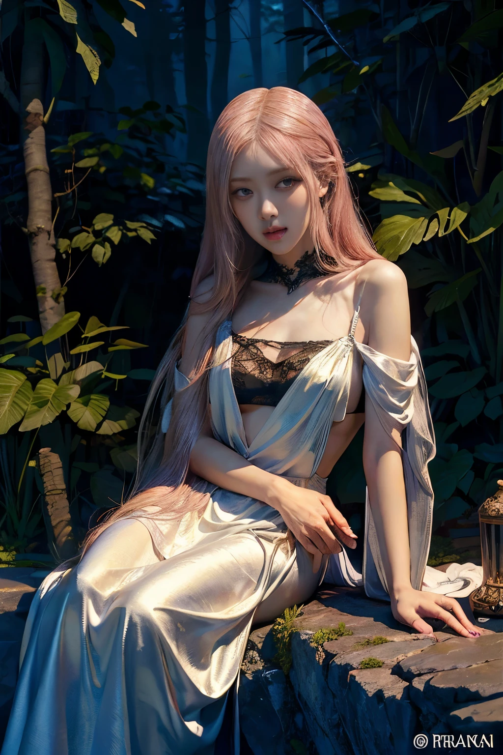 Rose from black pink, pink hair, (full body), (artistic + masterpiece:1.4), (incredibly detailed eyes), wearing medieval long cotton nightie clothes, Drenched hair,The background is a forest, sunset,Masterpiece: 1.3), (8k, Photorealistic, Photo RAW, Best quality: 1.4), (UHD), (Ultra high realism), (Ultra high definition), (Ultra high detail), (Realistic face), Beautiful hairstyle, Realistic bright amber eyes, Beautiful details, (Realistic skin), Pale, smooth and luminous skin with iridescent shine and no imperfections, Ultra high definition, Ultra realistic, Highly detailed, (Cleavage: 0.8), sitting on a rock, feet in the water, (masterpiece, best quality, award winning, highres), skinny, intricate and beautiful design, highly detailed beautiful face, super detailed beautiful eyes, light smile, sitting near stream, forest, leaves flow, windy, sun lights through forest, fantasy art, dynamic lighting, cinematic lighting, hyper realistic, extremely CG detail, octane render