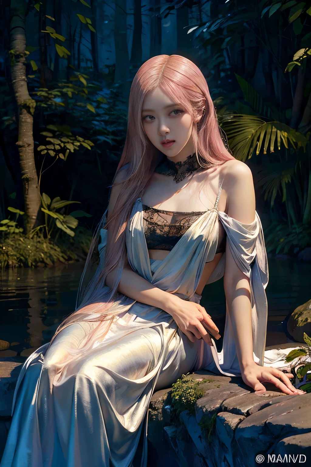 Rose from black pink, pink hair, (full body), (artistic + masterpiece:1.4), (incredibly detailed eyes), wearing medieval long cotton nightie clothes, Drenched hair,The background is a forest, sunset,Masterpiece: 1.3), (8k, Photorealistic, Photo RAW, Best quality: 1.4), (UHD), (Ultra high realism), (Ultra high definition), (Ultra high detail), (Realistic face), Beautiful hairstyle, Realistic bright amber eyes, Beautiful details, (Realistic skin), Pale, smooth and luminous skin with iridescent shine and no imperfections, Ultra high definition, Ultra realistic, Highly detailed, (Cleavage: 0.8), sitting on a rock, feet in the water, (masterpiece, best quality, award winning, highres), skinny, intricate and beautiful design, highly detailed beautiful face, super detailed beautiful eyes, light smile, sitting near stream, forest, leaves flow, windy, sun lights through forest, fantasy art, dynamic lighting, cinematic lighting, hyper realistic, extremely CG detail, octane render