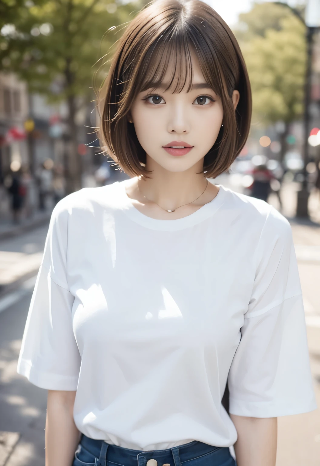 medium bob、white shirt
