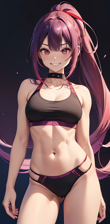 (8K、highest quality、masterpiece:1.2)、anime coloring、super resolution、Realistic、(1girl) 、(purple, red gradient hair,ponytail)、(contrapposto),long straight hair,(red eye),(forehead:1.2),(face focus,cowboy shot),(black sports bra,string panties :1.3)、(grin:1.3),(cute face)、,(small breasts),gradient background、(muscular:1.3)、