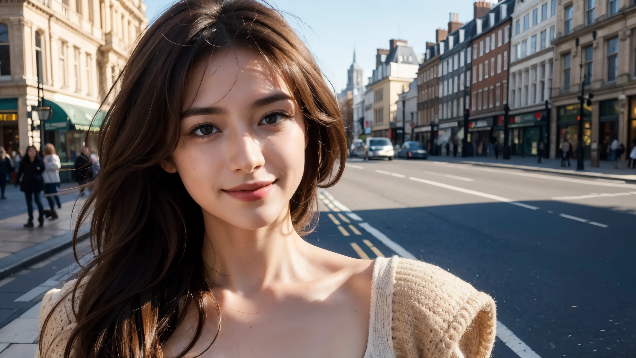 masterpiece, Best Quality, Photorealistic, Ultra-detailed, finely detailed, High resolution, 8K Wallpaper, 1 beautiful woman, light brown hair, sharp focus, Perfect dynamic composition, Beautiful detailed eyes, detailed hairs, Detailed realistic skin texture, Smiling, portrait, Model body type, Take a walk on the street of London,