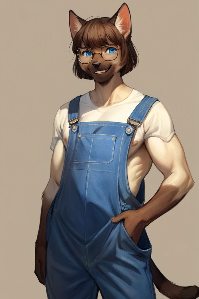 By bebebebebe, by lostgoose, by goonie-san, solo, snout, ears, feline, siamese cat, pale blue eyes, brown hair, short hair, hair bangs, muscular, smiling, happy, ((curvy)), brown upper face, offwhite fur, denim overalls only, just wearing overalls, nude besides overalls, male, (adult, mature), ((red rectangular glasses))