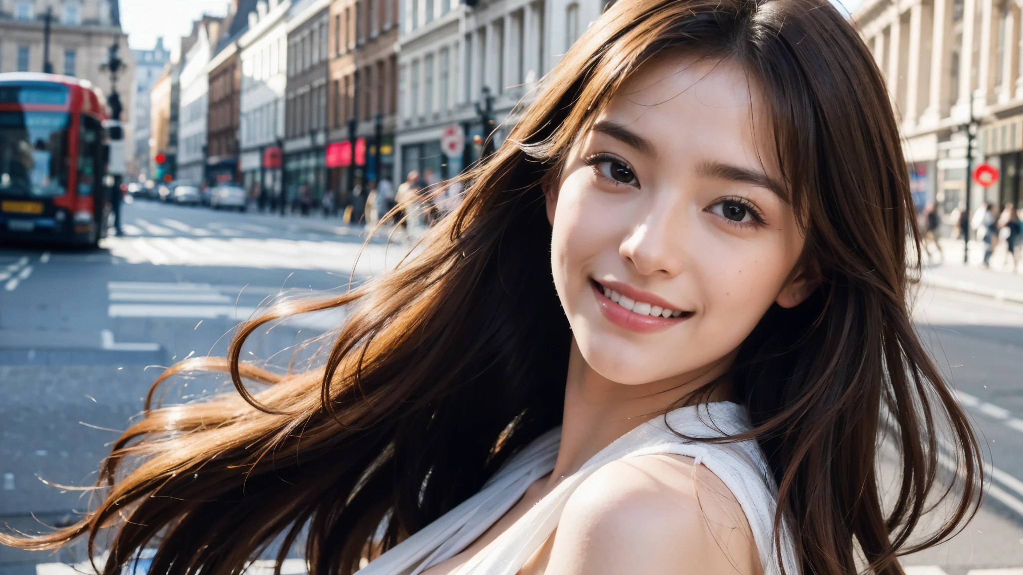 masterpiece, Best Quality, Photorealistic, Ultra-detailed, finely detailed, High resolution, 8K Wallpaper, 1 beautiful woman, light brown hair, sharp focus, Perfect dynamic composition, Beautiful detailed eyes, detailed hairs, Detailed realistic skin texture, Smiling, portrait, Model body type, Take a walk on the street of London,