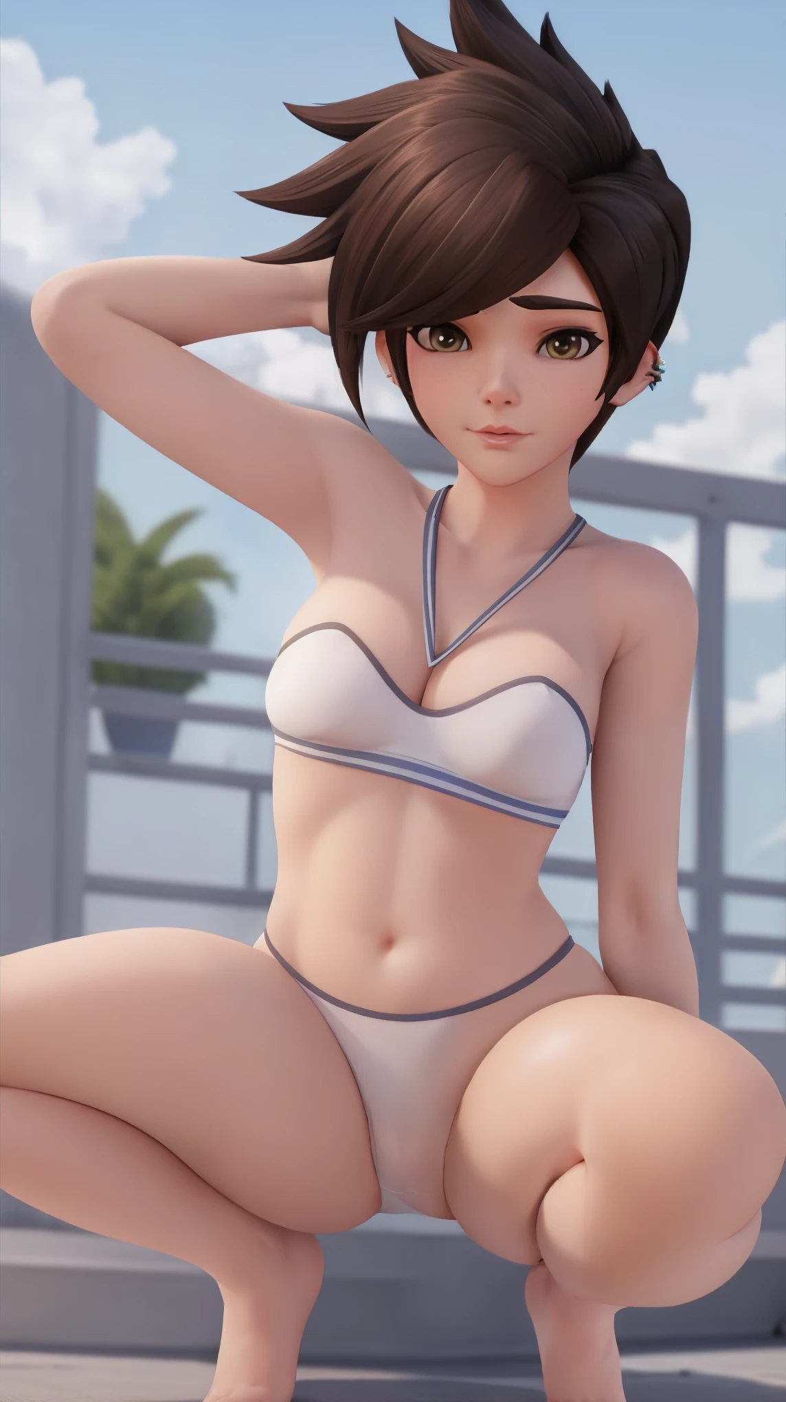 Tracer fromoverwatch is wearing a lewd microbikini. pussy_outline. sexy pose. nsfw. cameltoe.