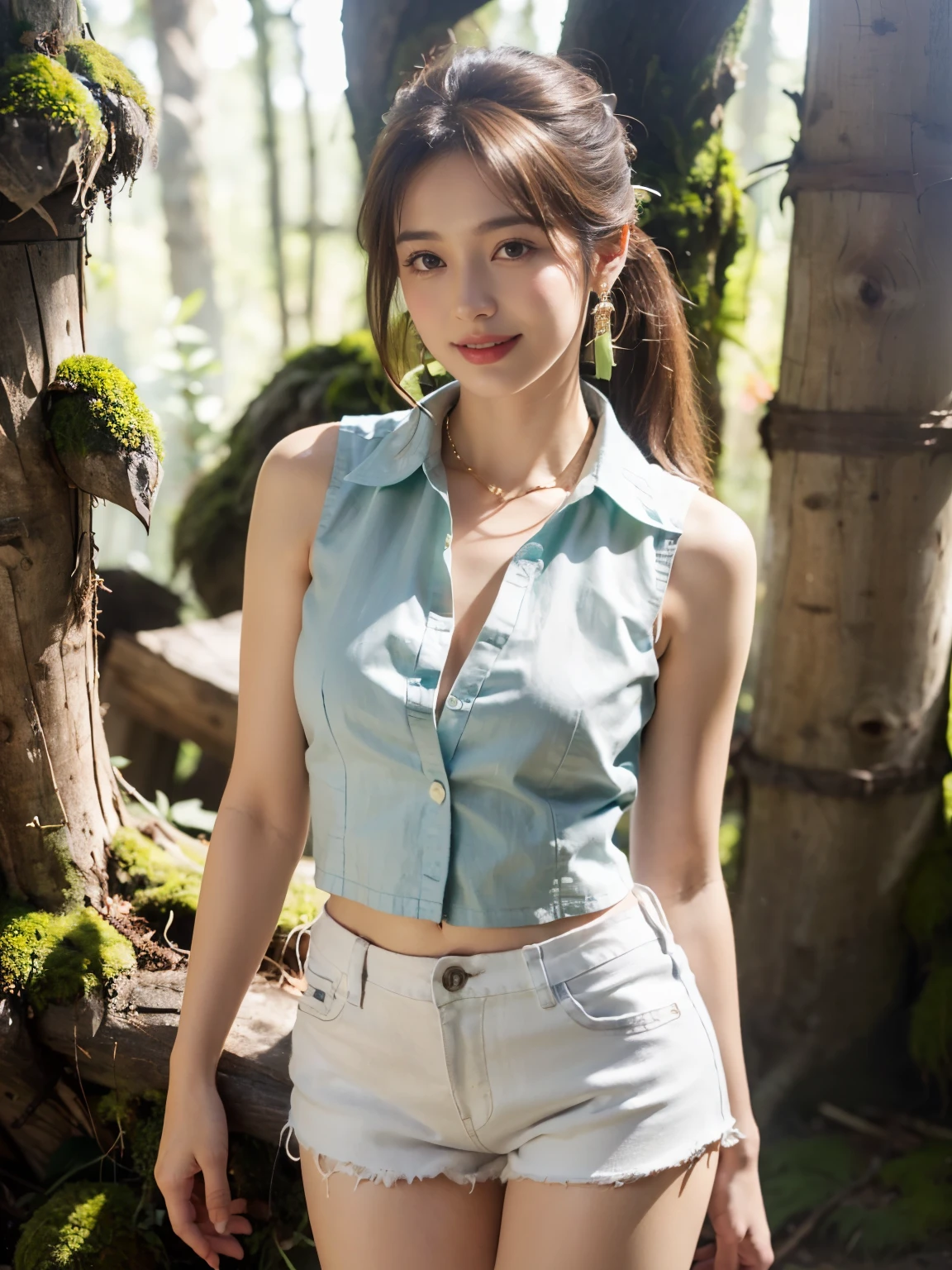 ((((highest quality))))、(((Ultra-precision CG16K wallpaper)))、(((masterpiece)))、(((Super detailed)))、(((super extreme details)))、1people's women、mature woman、24 year old woman、((Japanese face))、((very beautiful face))、((Beauty:1.5))、((Straight ponytail hair:1.3、blunt bangs))、(shiny brown hair)、beautiful delicate eyes、brown eyes、raised eyebrows、high nose、small nostrils、small mouth、seductive lips、beautiful breasts、((C cup size breasts))、cleavage、plump body、(Chubby body type)、perfect proportions、perfect anatomy、perfect composition、beautiful detailed shading、beautiful natural lighting、beautiful detail glow、Depth of the bounds written、(((High chroma)))、(((real:1.9)))、((vivid:1.5))、((edge:1.6))、((beautiful skin))、((skin texture))、((realな皮膚感))、(((cowboy shot、Thigh:1.5)))、((Angle seen from the front:1.5))、((shy smile:1.5))、(Eyes looking at me:1.5)、Daytime forest、bright sunshine、Natural light、(((in the forest:1.3)))、(standing pose:1.5)、(((Sleeveless blouse with collar_White clothing、mini hot pants_light green color clothing:1.6)))、((earrings、wearing necklace:1.3))、