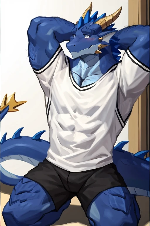 anthropology, dragon, hairy, black and white fur, A place where people congregate, hairy, Sweating, Sparkling blue eyes, Big pink‚ with big‚ abs‚ handsome, shy face, kneeling, up view, look to right side, hands behind head, shirt, high quality, super detail, 1080P, high quality, high quality, best quality, 8k, super detail, 16k