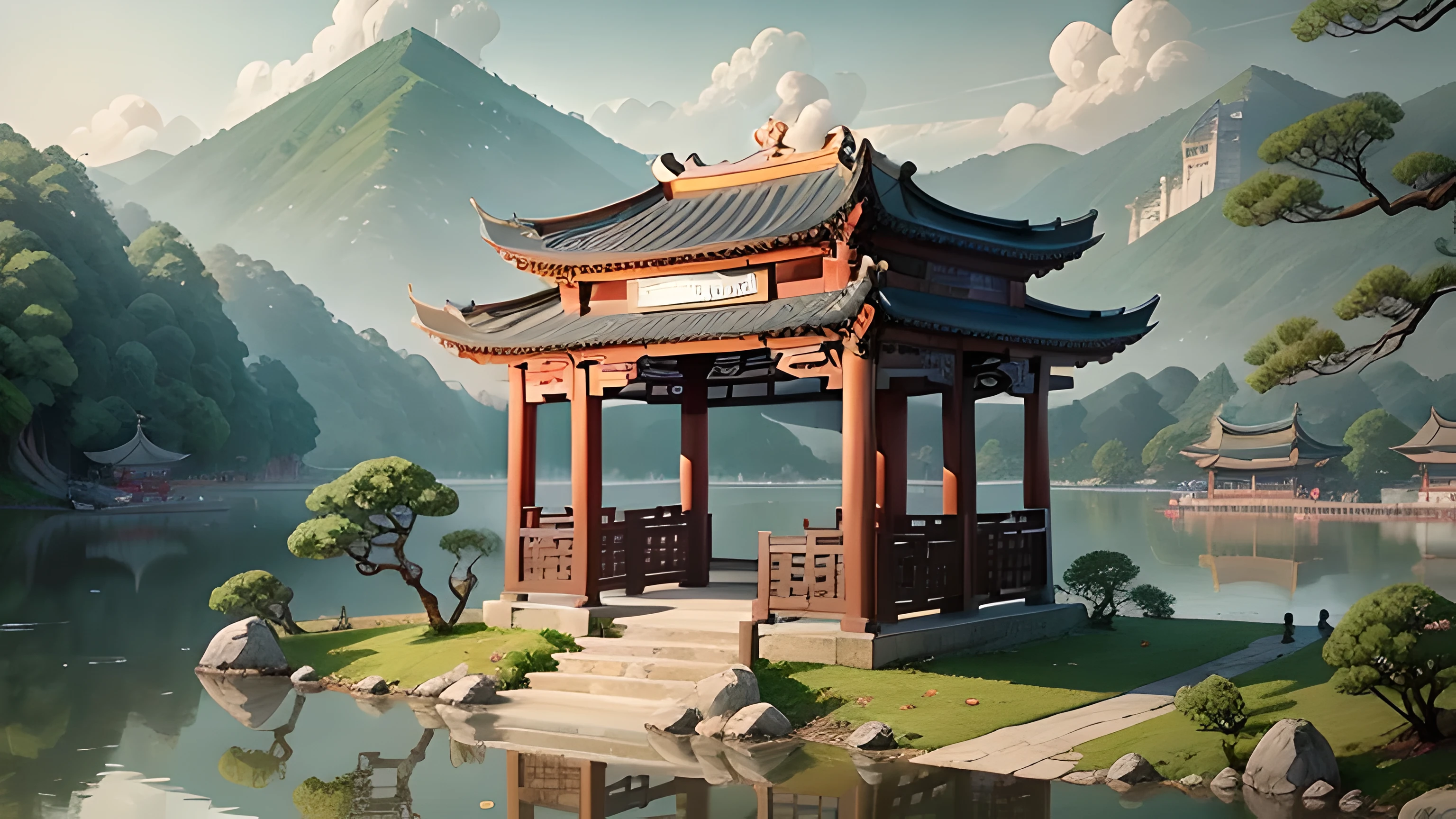 cartoon style,Scenery outside the court,Ancient Chinese traditional ink painting style,Hangzhou,west lake,stone bridge,pavilion,Willow,lake water,distant mountains,Baiyun,super wide angle,Ray tracing,great masterpiece,High quality ancient Chinese style,Beautiful scenery、、Tradition Chinese Ink Painting style、
