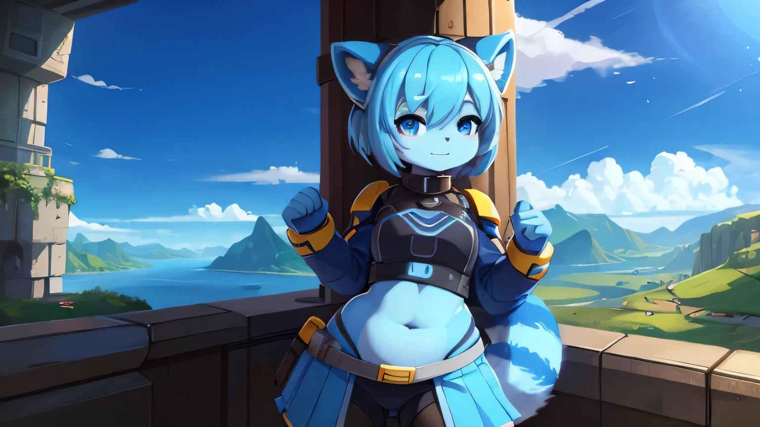 pequeno, cute blue raccoon alien girl with two tails, curvy body, science fiction style, great resolution, roupas aventureiras, sem mostrar a barriga, em uma saia