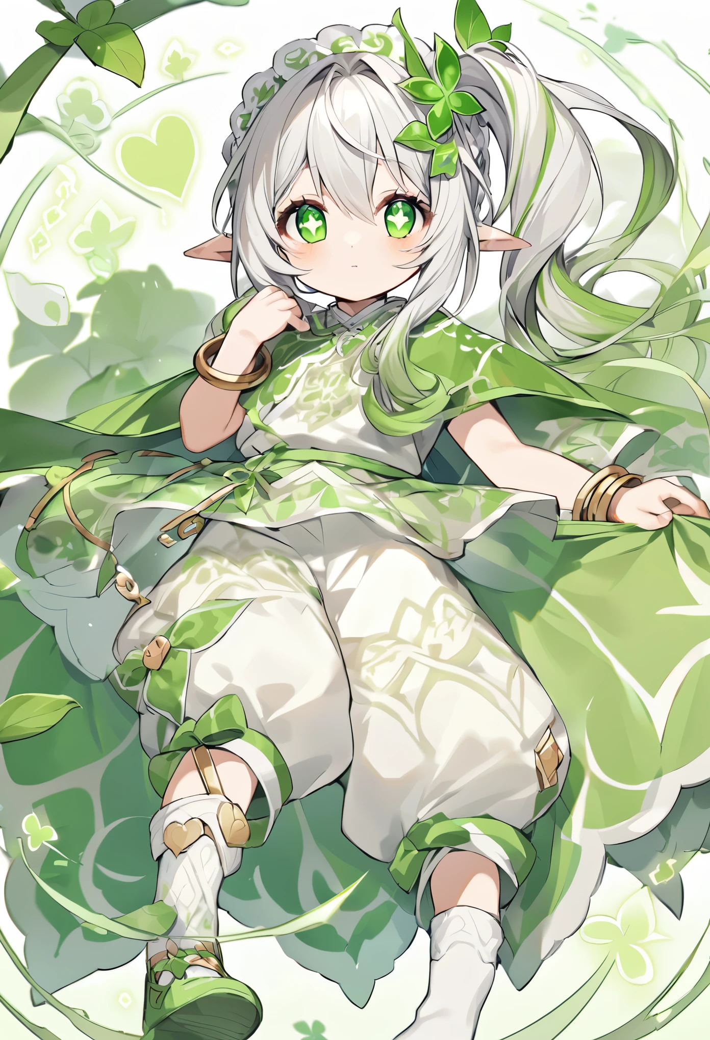 Nasida's overall color scheme is mainly grass green.,supplemented by gray and white。Appears to be a young girl,Has a pair of elf ears。Her white to gray long hair was tied into a side ponytail.,There is an obvious green gradient at the end of the hair,There is a young leaf on the right side of the head that symbolizes his identity as a new god.。The bottom layer of Nasida's irises is dark green,Cross-shaped pupils are light green,Shaped as a four-leaf clover,There is a circle of dark green lines around it。Nacida wears a green cloak,And wearing a white flower skirt。Wearing white pumpkin pants,There are golden lines on the surface of the skirt,The inner side is light green leaf pattern。Wearing white foot socks on feet,Shoes with metallic patterns on the outside。The headdress is a combination of a four-leaf clover and a heart-shaped leaf.,Metal bracelet on arm,Including the lock-like decoration on the back cloak