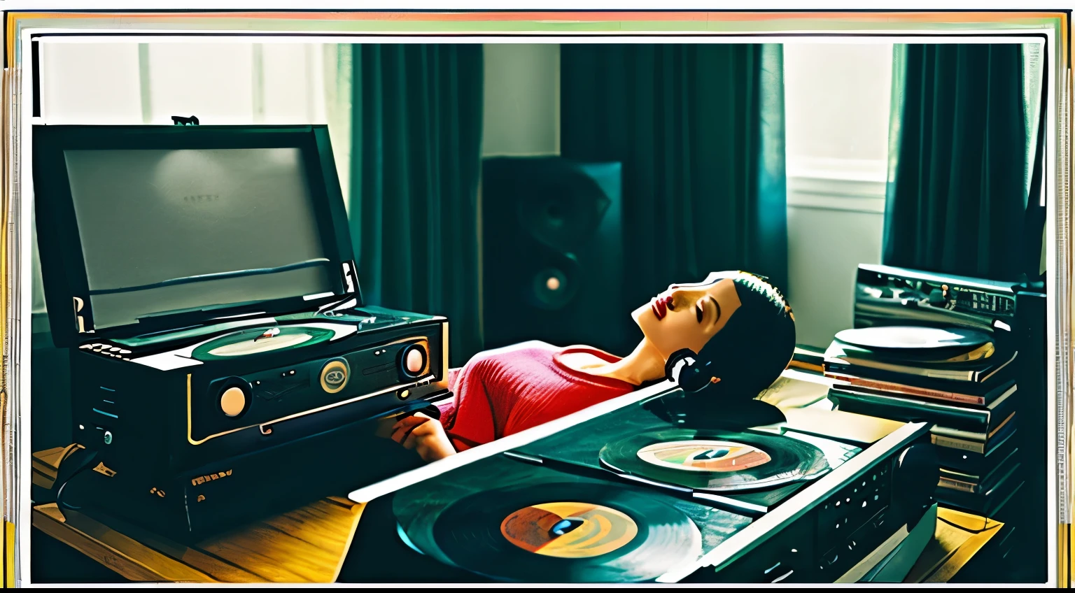 (Masterpiece, Best Quality: 1.4), Hyperdetail, Soft Light, Natural Light, Film Light, Film Granularity, (Depth of Field), (A Woman, Solo Exhibition: 1.4), Urban Woman, Lazy State, Lying on Living Room Sofa Listening to Music, Floor-to-Ceiling Windows, Flowing White Gaunt, Overlook, Perfect Feminine Form, (Perfect Face, Detailed Face, Lustrous Lips, Eyeliner), Short Hair, Brunette Hair, (Mixing Tape: 1.4), (Living Room, Vinyl Records, Headphones, Record Player, Speakers), Flat Style, Minimalism, Flat Illustration, Tsuruta Ichiro Style, Film Texture.